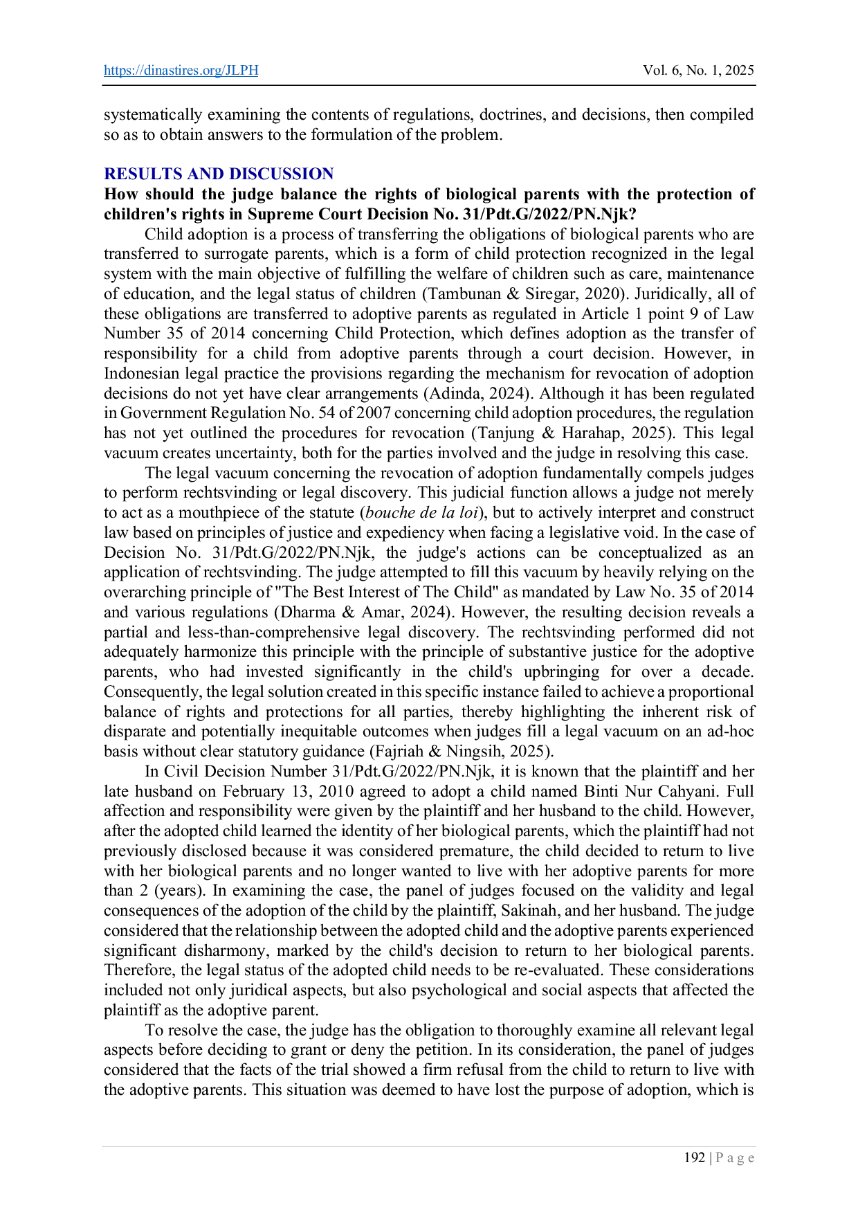 JURIS The Principle of Justice In The Revocation of Child Adoption Determination By Adoptive Parents Study of Supreme Court Decision No 31 Pdt G 2022 PN Njk