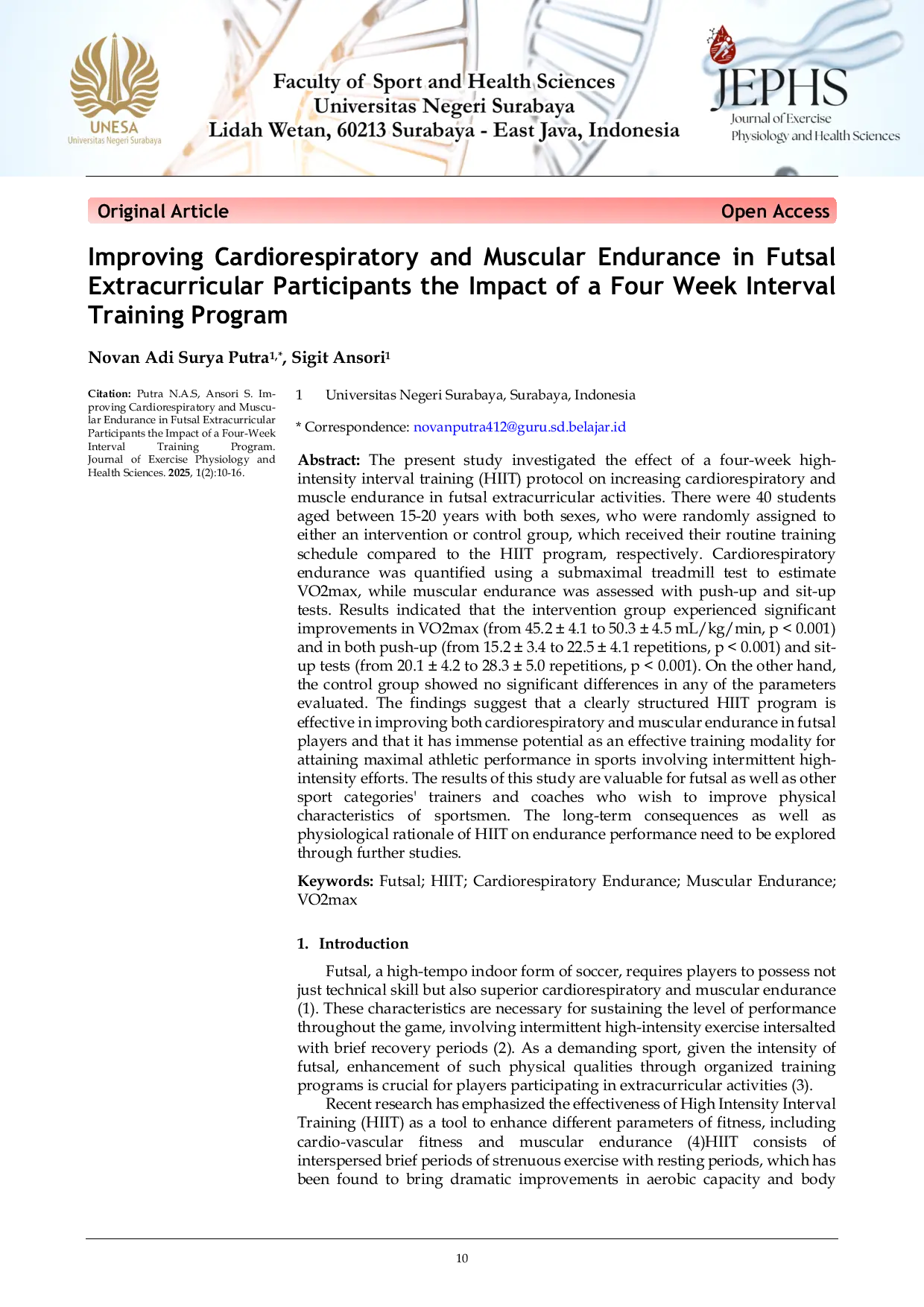 JURIS Improving Cardiorespiratory and Muscular Endurance in Futsal Extracurricular Participants the Impact of a Four Week Interval Training Program