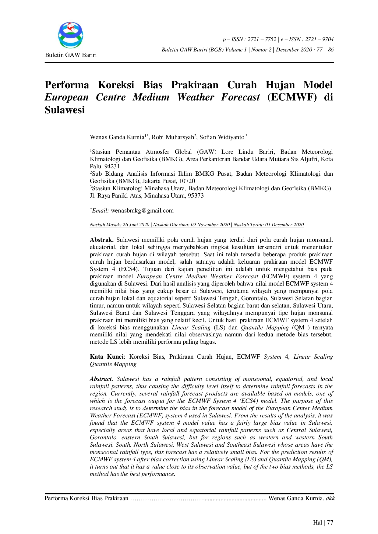 JURIS Performa Koreksi Bias Prakiraan Curah Hujan Model European Centre Medium Weather Forecast ECMWF di Sulawesi