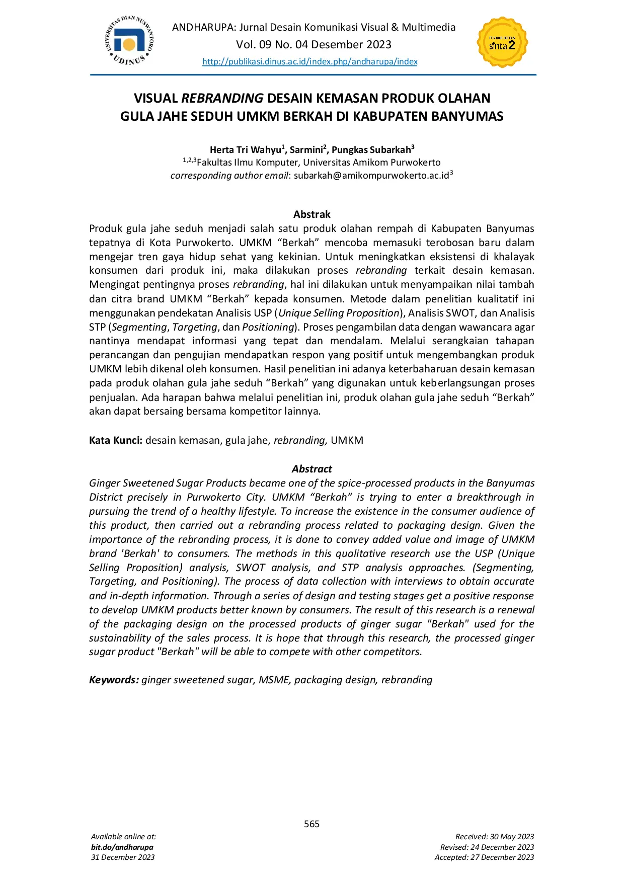 JURIS Visual Rebranding Desain Kemasan Produk Olahan Gula Jahe Seduh UMKM Berkah di Kabupaten Banyumas