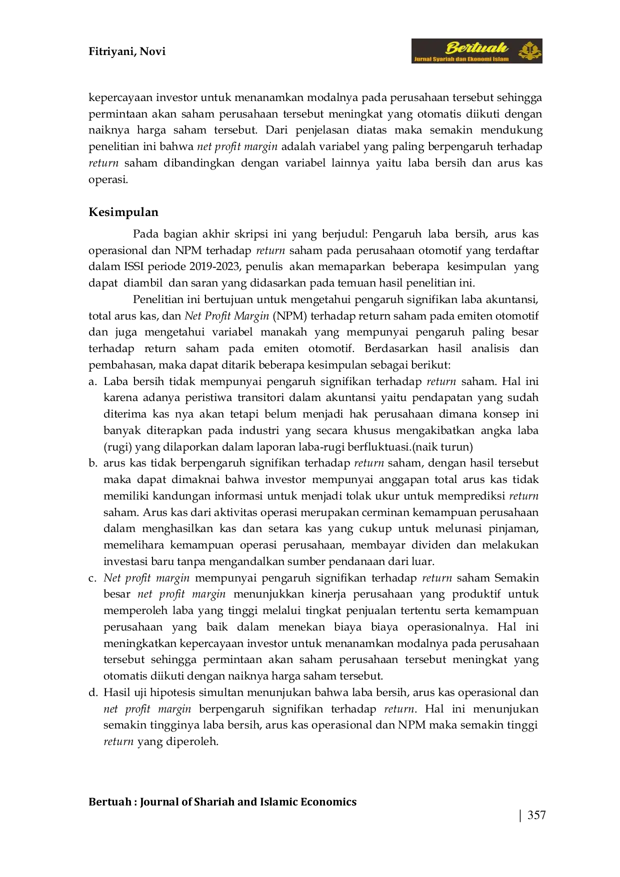 JURIS Pengaruh Laba Bersih Arus Kas Operasional Dan Net Profit Margin Terhadap Return Saham Syariah Pada Perusahaan Otomotif Yang Terdaftar Dalam Issi