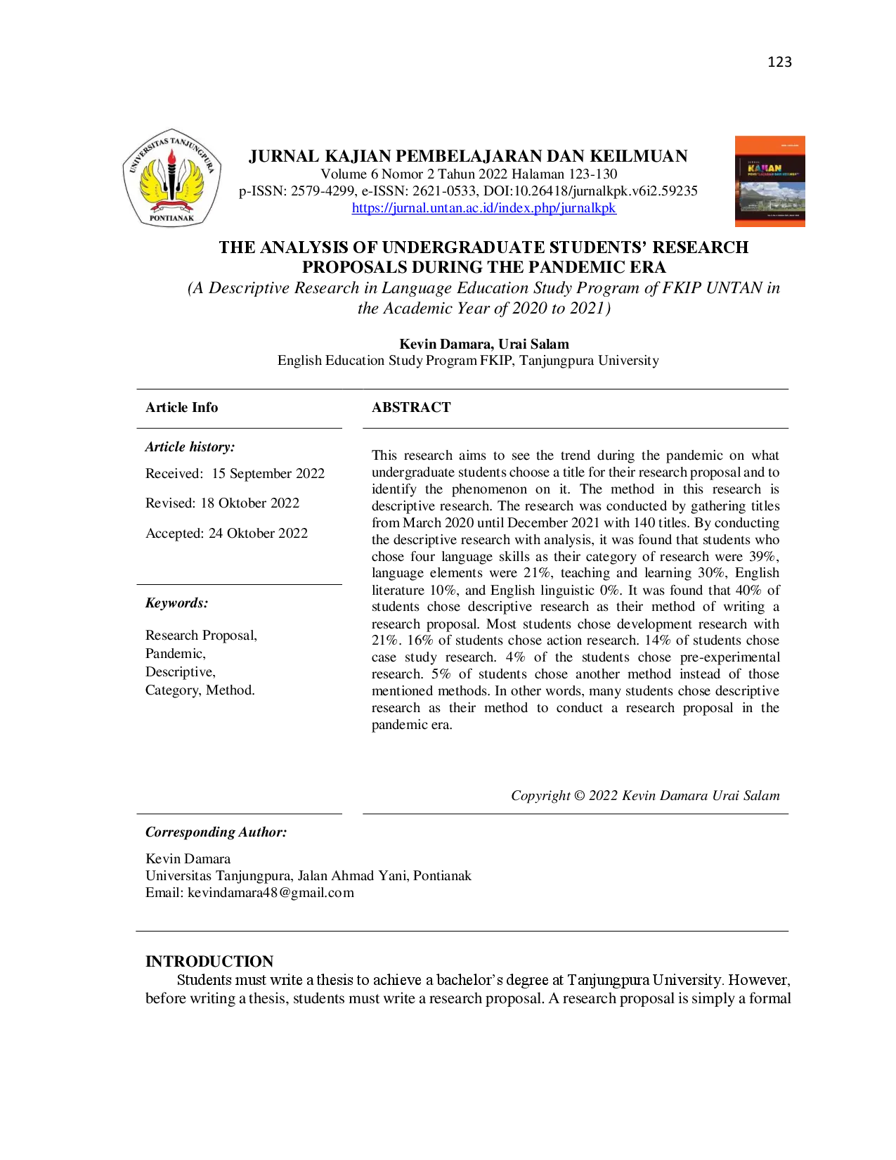 juris THE ANALYSIS OF UNDERGRADUATE STUDENTS RESEARCH PROPOSALS DURING THE PANDEMIC ERA A Descriptive Research in Language Education Study Program of FKIP UNTAN in the Academic Year of 2020 to 2021