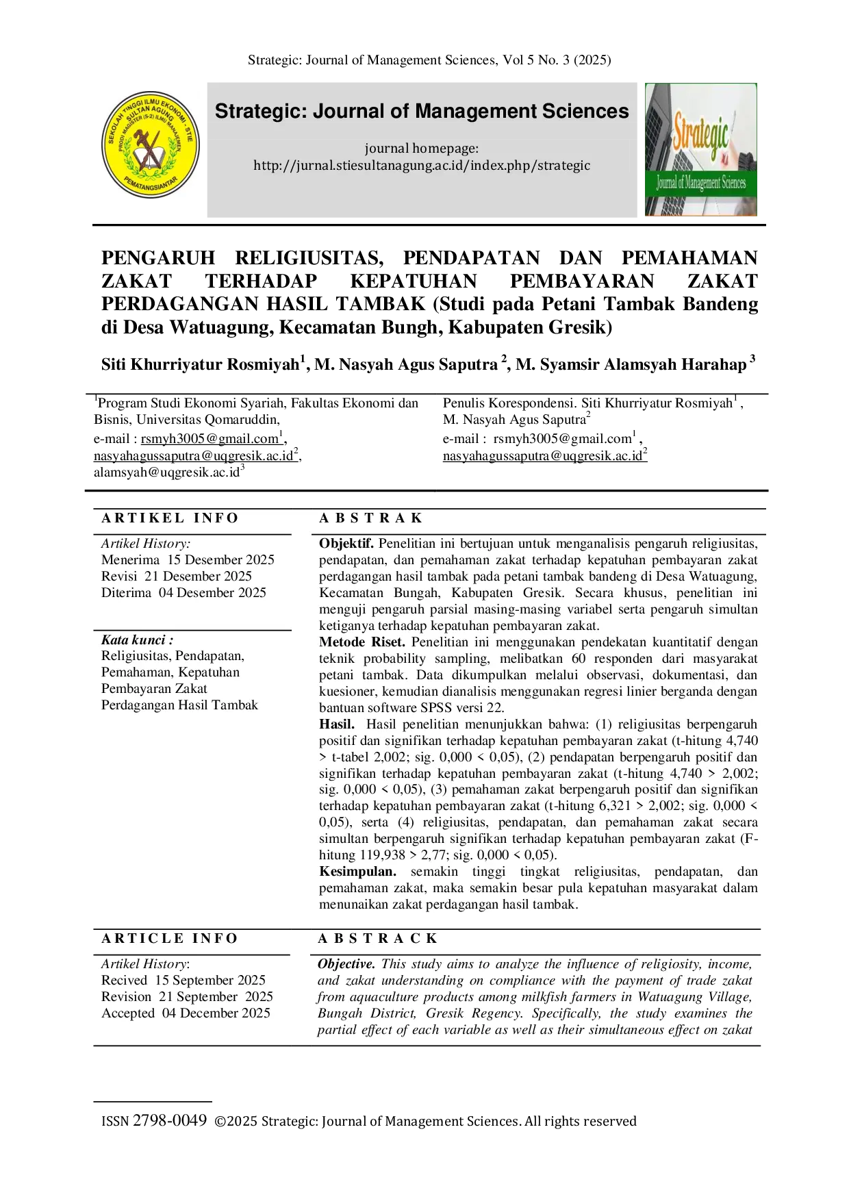 JURIS PENGARUH RELIGIUSITAS PENDAPATAN DAN PEMAHAMAN ZAKAT TERHADAP KEPATUHAN PEMBAYARAN ZAKAT PERDAGANGAN HASIL TAMBAK Studi pada Petani Tambak Bandeng di Desa Watuagung Kecamatan Bungh Kabupaten Gresi