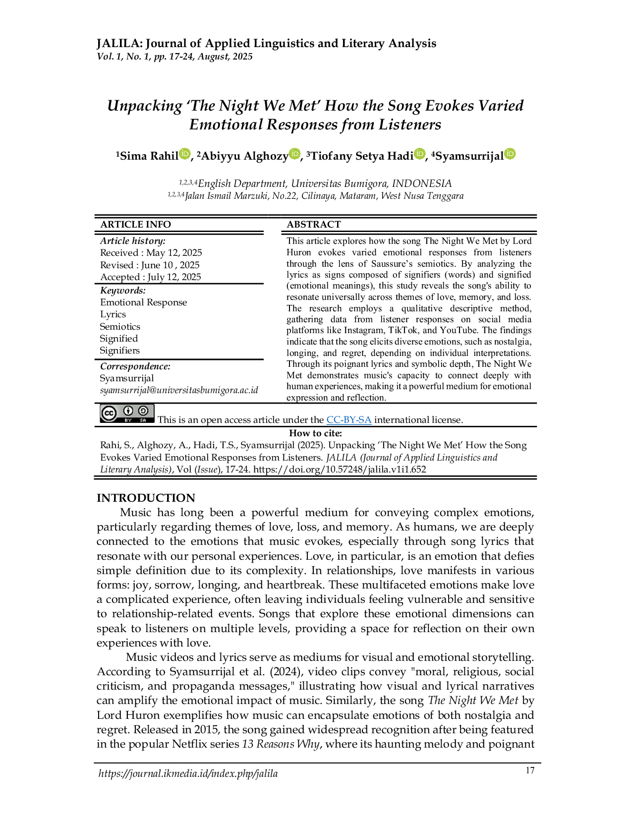 JURIS Unpacking The Night We Met How the Song Evokes Varied Emotional Responses from Listeners