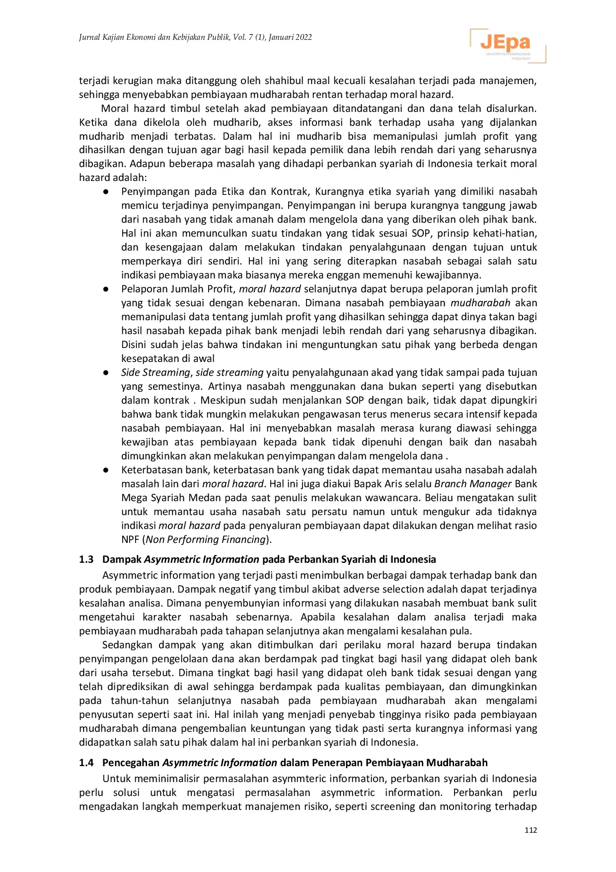JURIS Analisis Asymmetric Information Dalam Penerapan Pembiayaan Mudharabah Pada Perbankan Syariah Di Indonesia