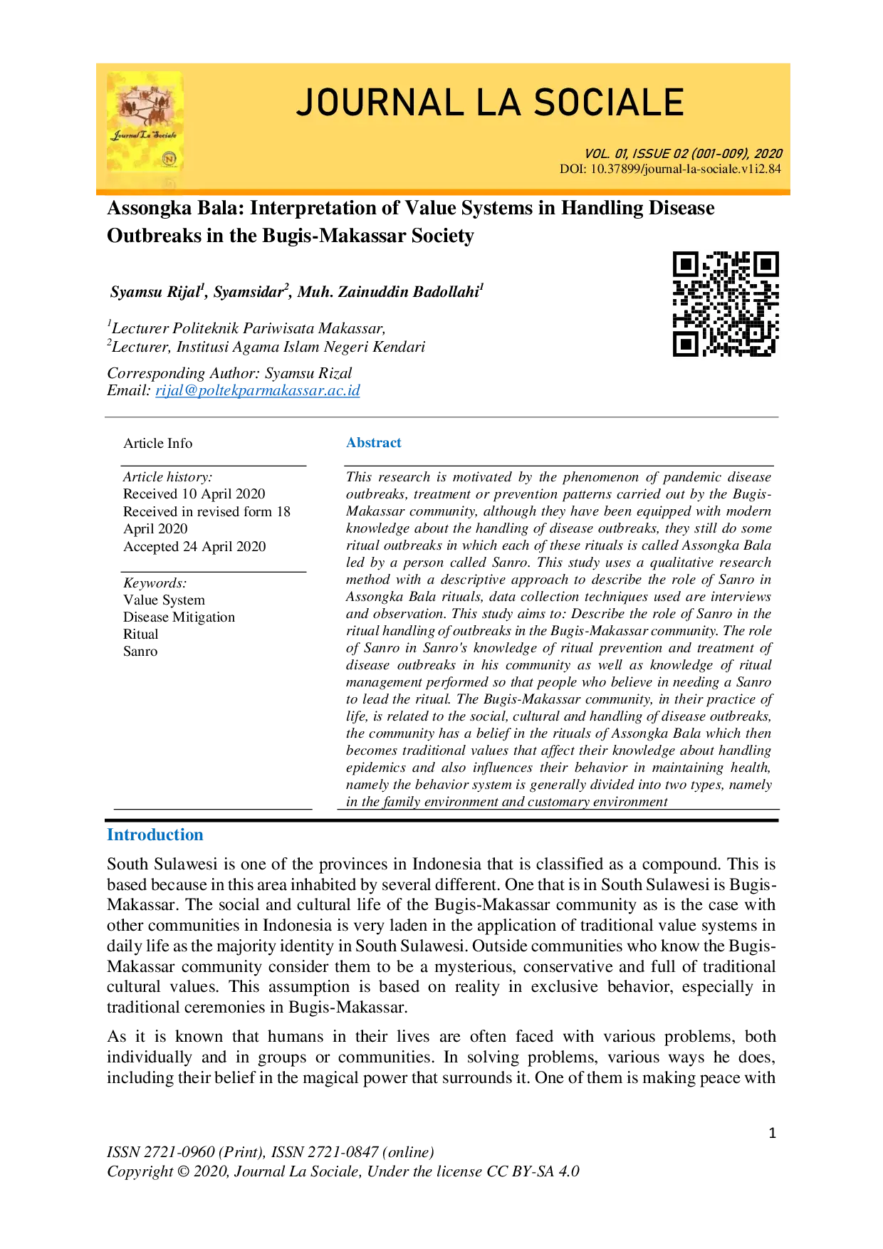 juris Assongka Bala Interpretation of Value Systems in Handling Disease Outbreaks in the Bugis Makassar Society