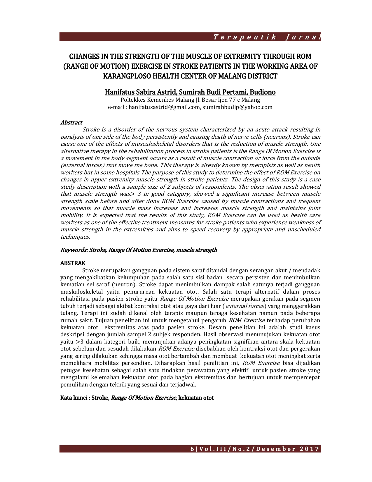 JURIS Perubahan Kekuatan Otot Ekstremitas Melalui Latihan Rom Range Of Motion Pada Pasien Stroke Di Wilayah Kerja Puskesmas Karangploso Kabupaten Malang