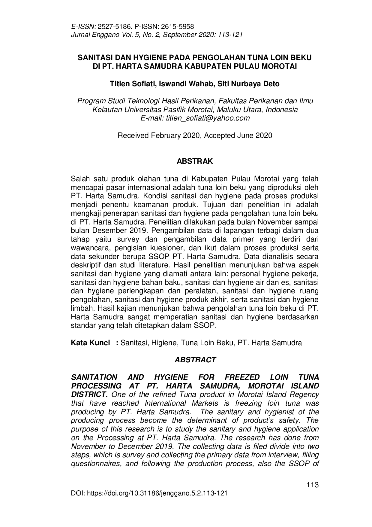 JURIS Sanitasi Dan Hygiene Pada Pengolahan Tuna Loin Beku Di PT Harta Samudra Kabupaten Pulau Morotai