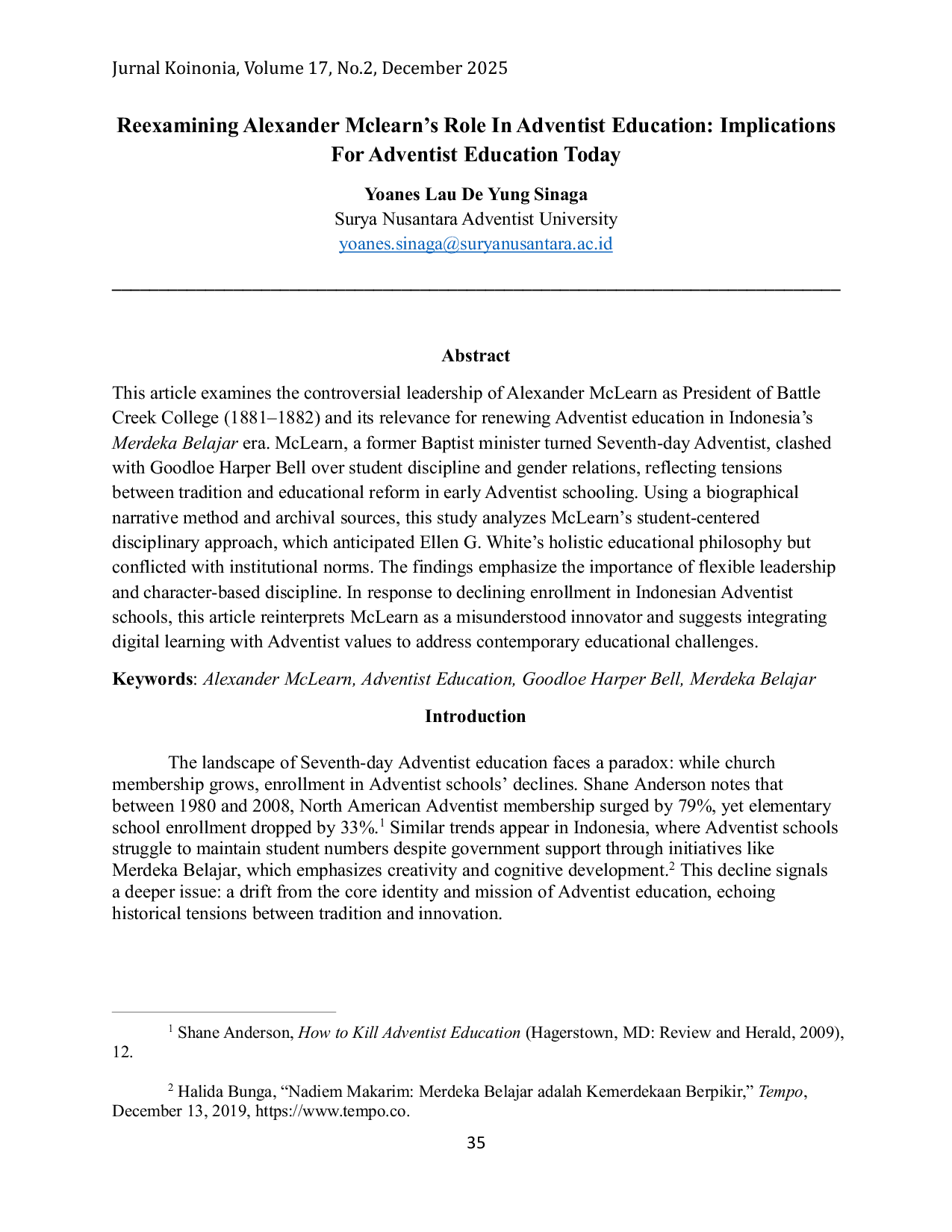 JURIS Reexamining Alexander Mclearn s Role In Adventist Education Implications For Adventist Education Today