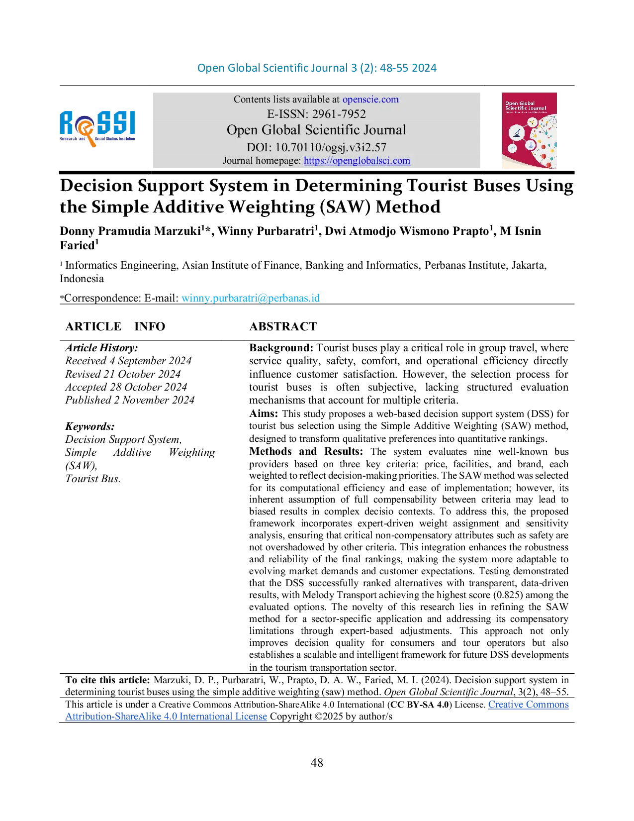 JURIS Decision Support System in Determining Tourist Buses Using the Simple Additive Weighting SAW Method