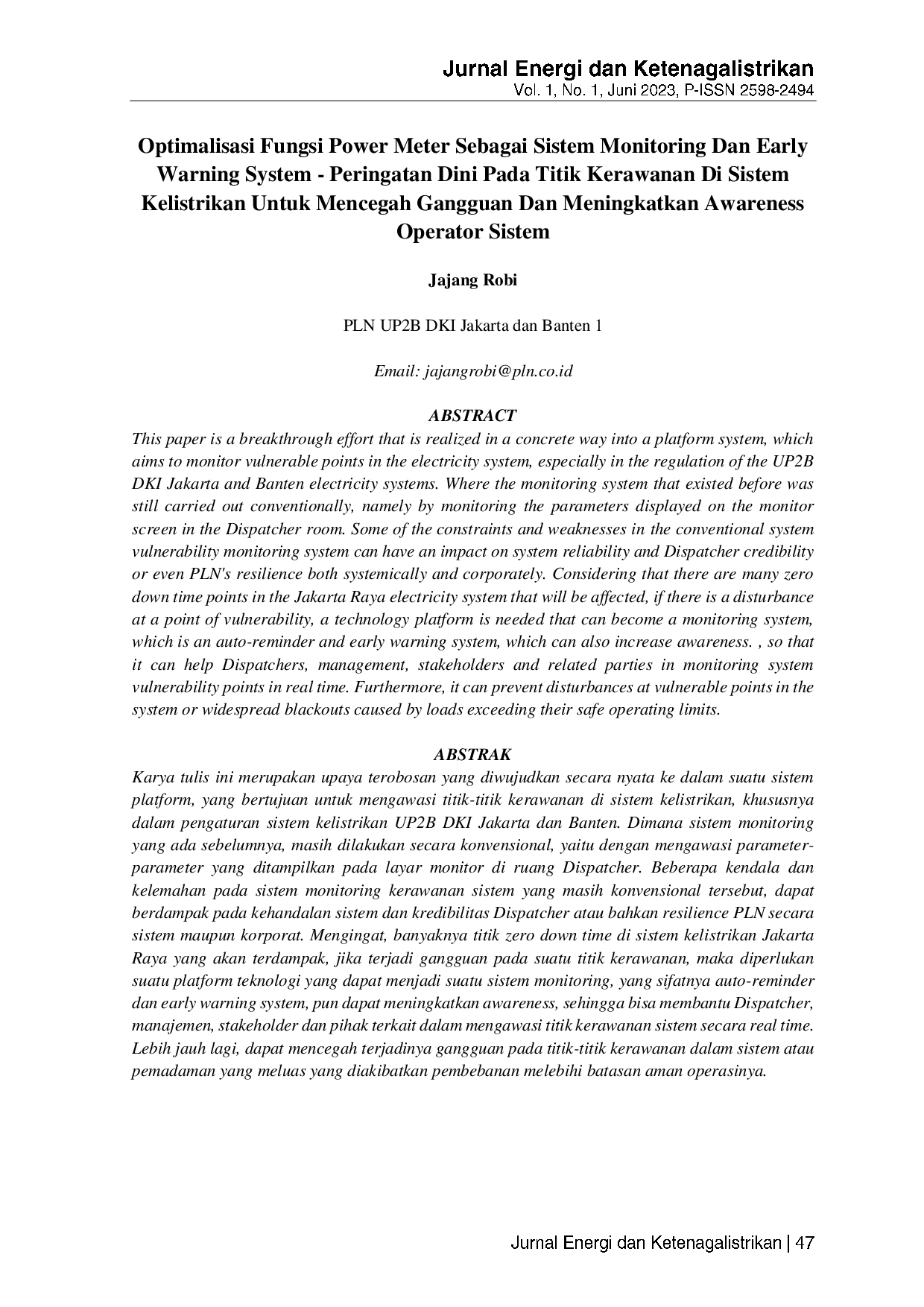 JURIS Optimalisasi Fungsi Power Meter Sebagai Sistem Monitoring Dan Early Warning System Peringatan Dini Pada Titik Kerawanan Di Sistem Kelistrikan Untuk Mencegah Gangguan Dan Meningkatkan Awareness Opera