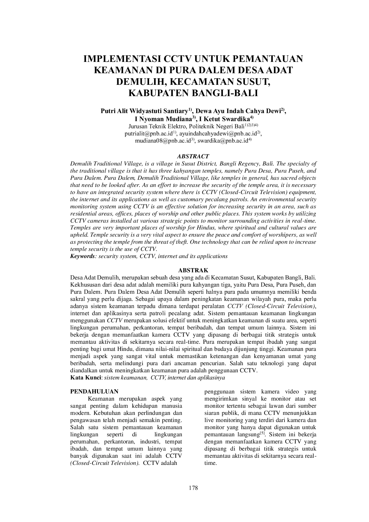 JURIS Implementasi CCTV untuk Pemantauan Keamanan di Pura Dalem Desa Adat Demulih Kecamatan Susut Kabupaten Bangli Bali