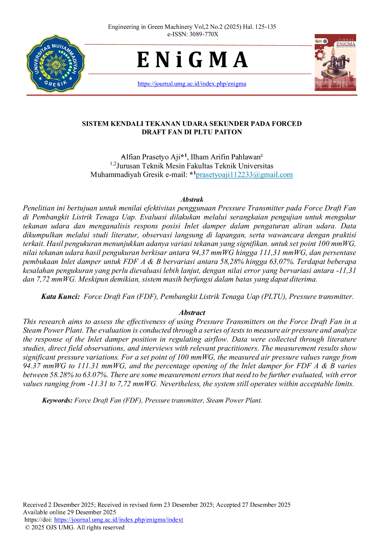 JURIS Sistem Kendali Tekanan Udara Sekunder Pada Forced Draft Fan Di Pltu Paiton