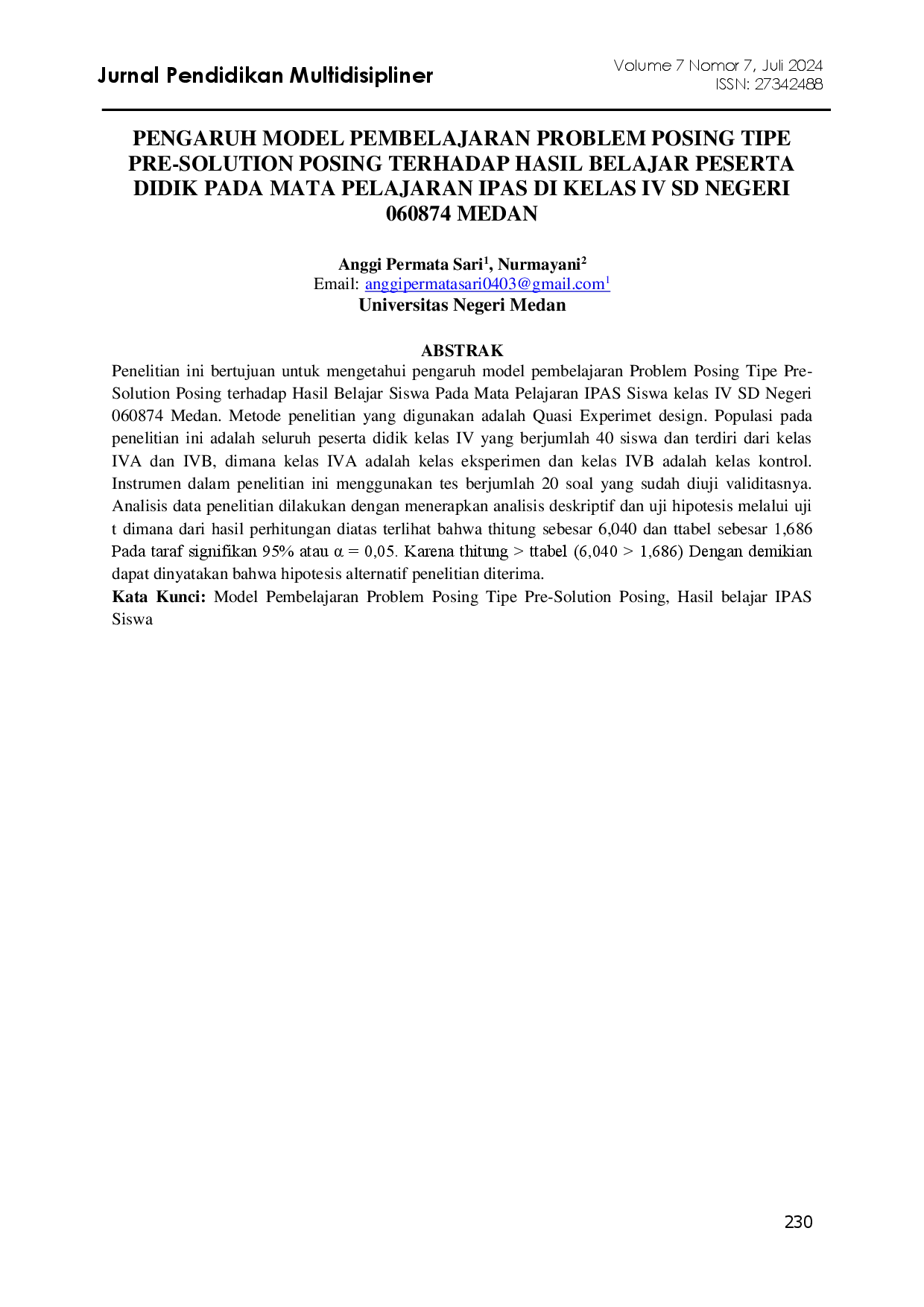 juris Pengaruh Model Pembelajaran Problem Posing Tipe Pre Solution Posing Terhadap Hasil Belajar Peserta Didik Pada Mata Pelajaran IPAS Di Kelas IV SD Negeri 060874 Medan