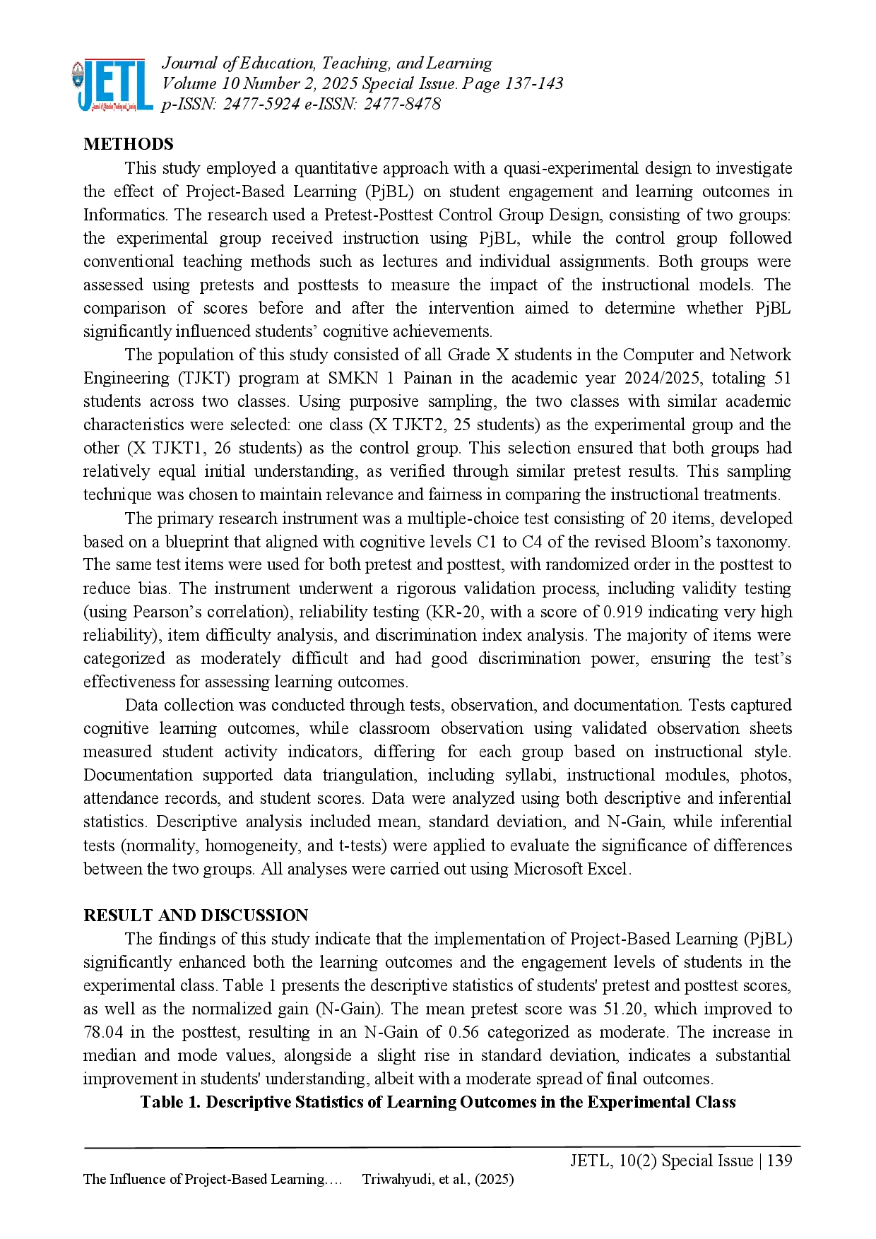 juris The Influence of Project Based Learning Models on the Activities and Learning Outcomes of Vocational Students in Informatics Subjects