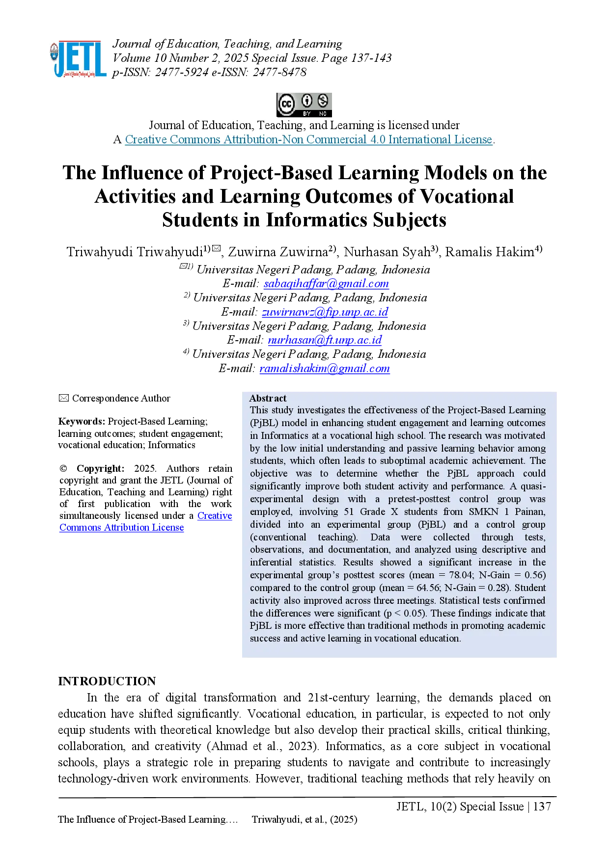 juris The Influence of Project Based Learning Models on the Activities and Learning Outcomes of Vocational Students in Informatics Subjects
