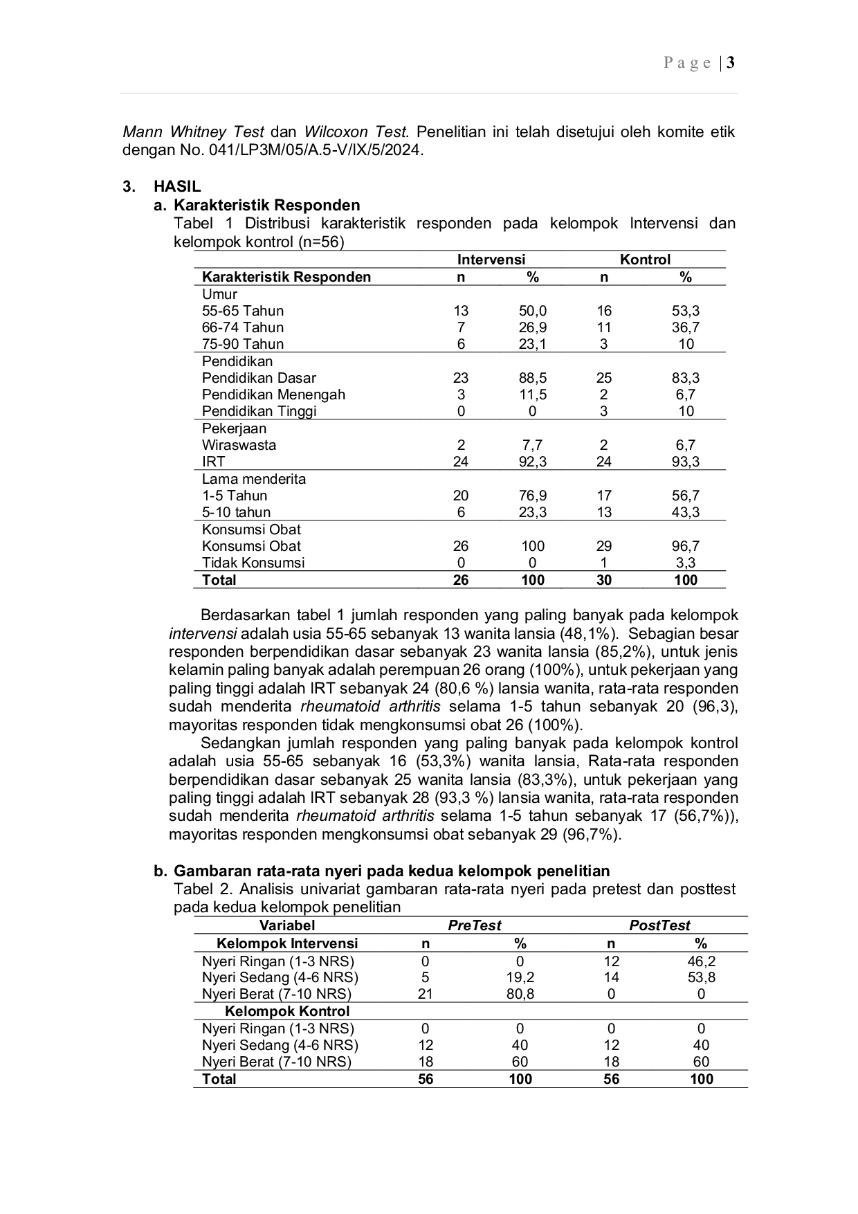 JURIS Pengaruh Stimulus Kutaneus Slow Stroke Back Massage Terhadap Nyeri Sendi Pada Lansia Rheumatoid Arthritis di Wilayah Kerja Puskesmas Mamajang