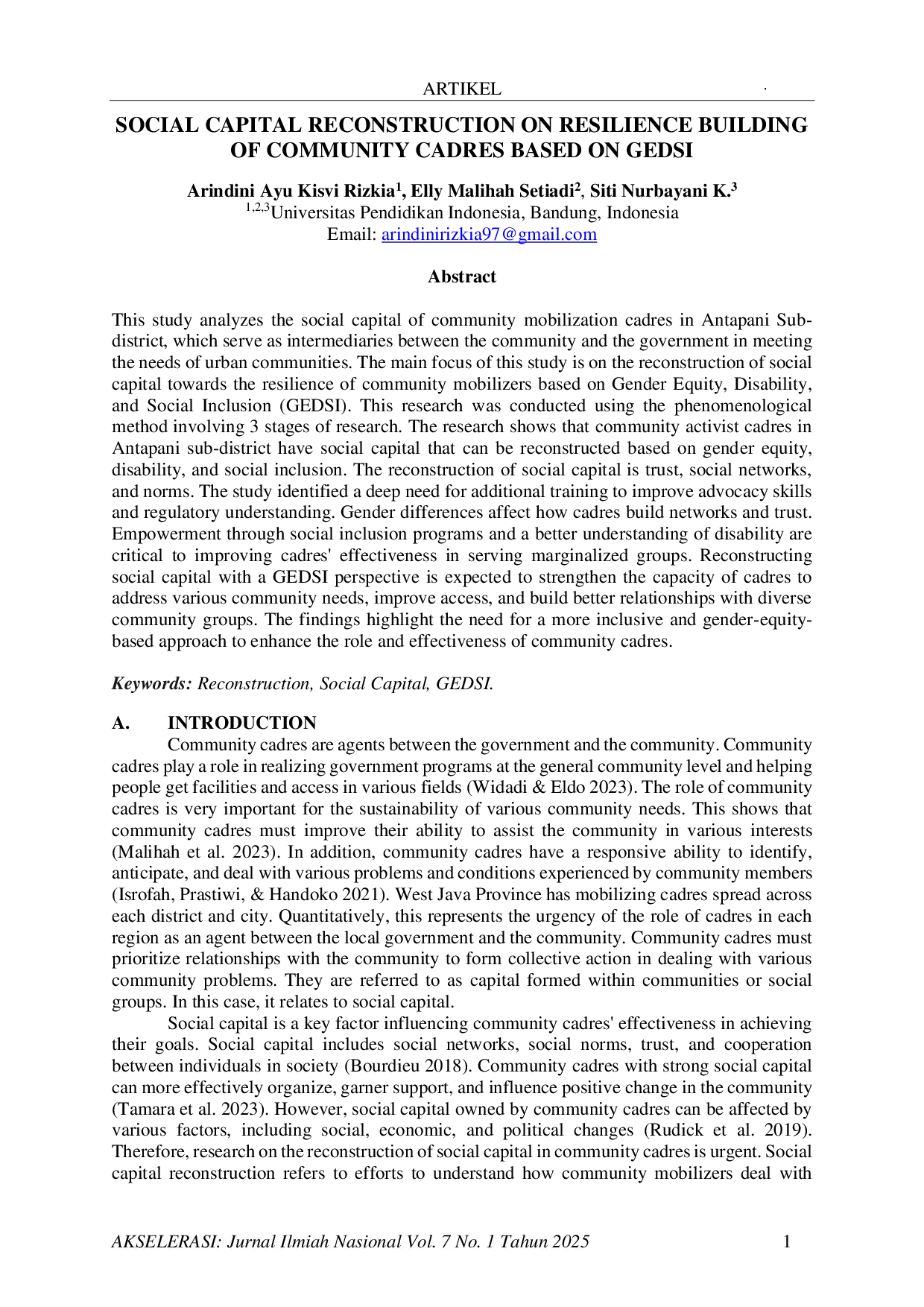 JURIS Social Capital Reconstruction on Resilience Building of Community Cadres Based on Gedsi