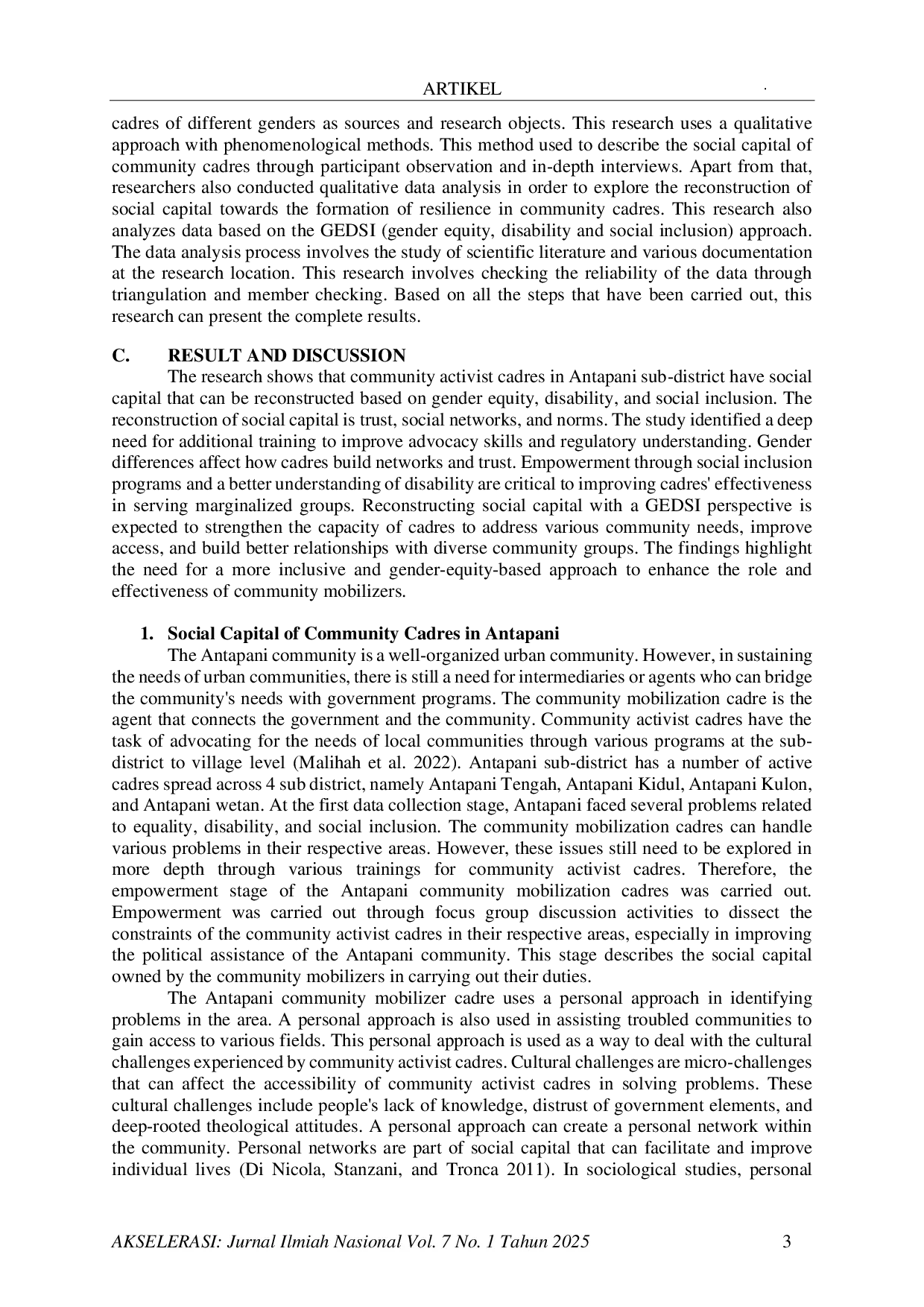JURIS Social Capital Reconstruction on Resilience Building of Community Cadres Based on Gedsi
