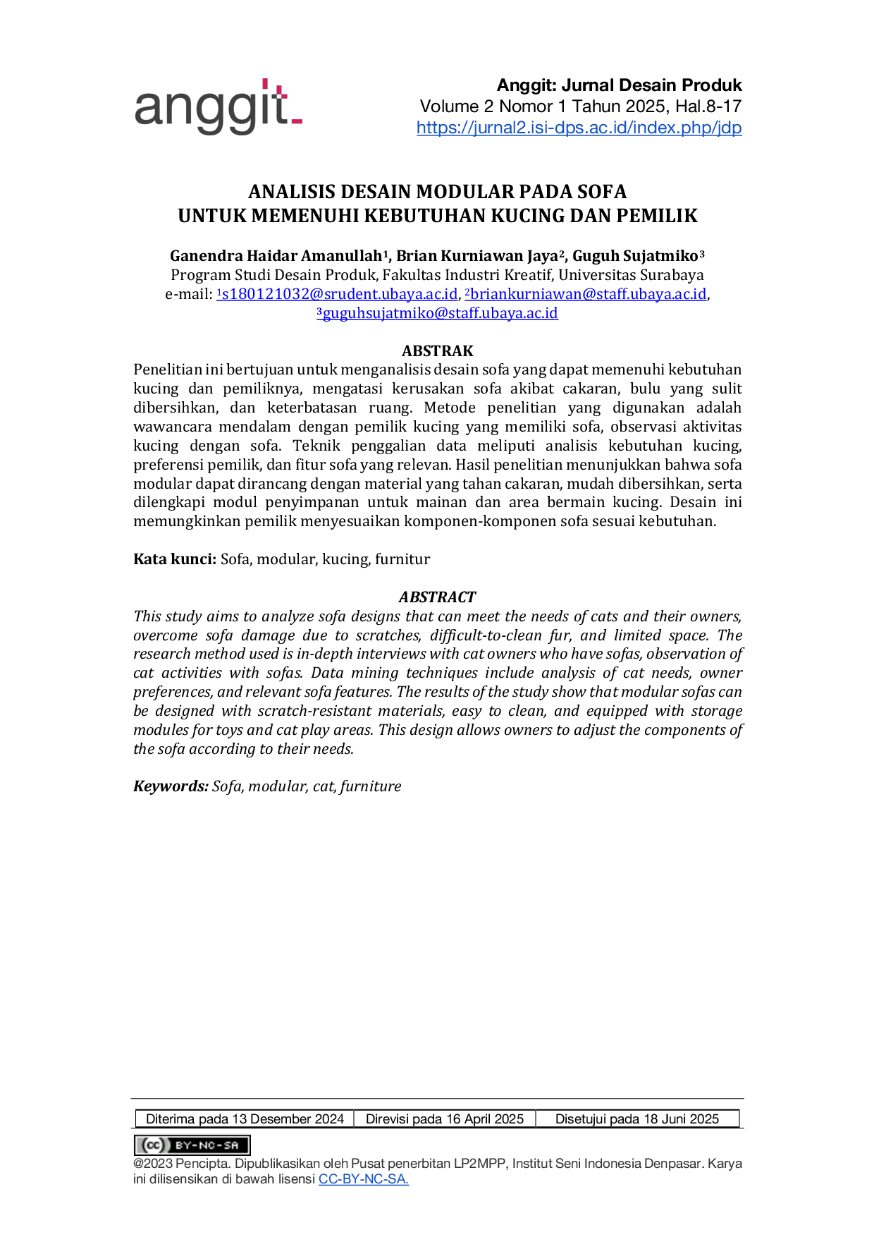 JURIS Analisis Desain Modular Pada Sofa Untuk Memenuhi Kebutuhan Kucing dan Pemilik
