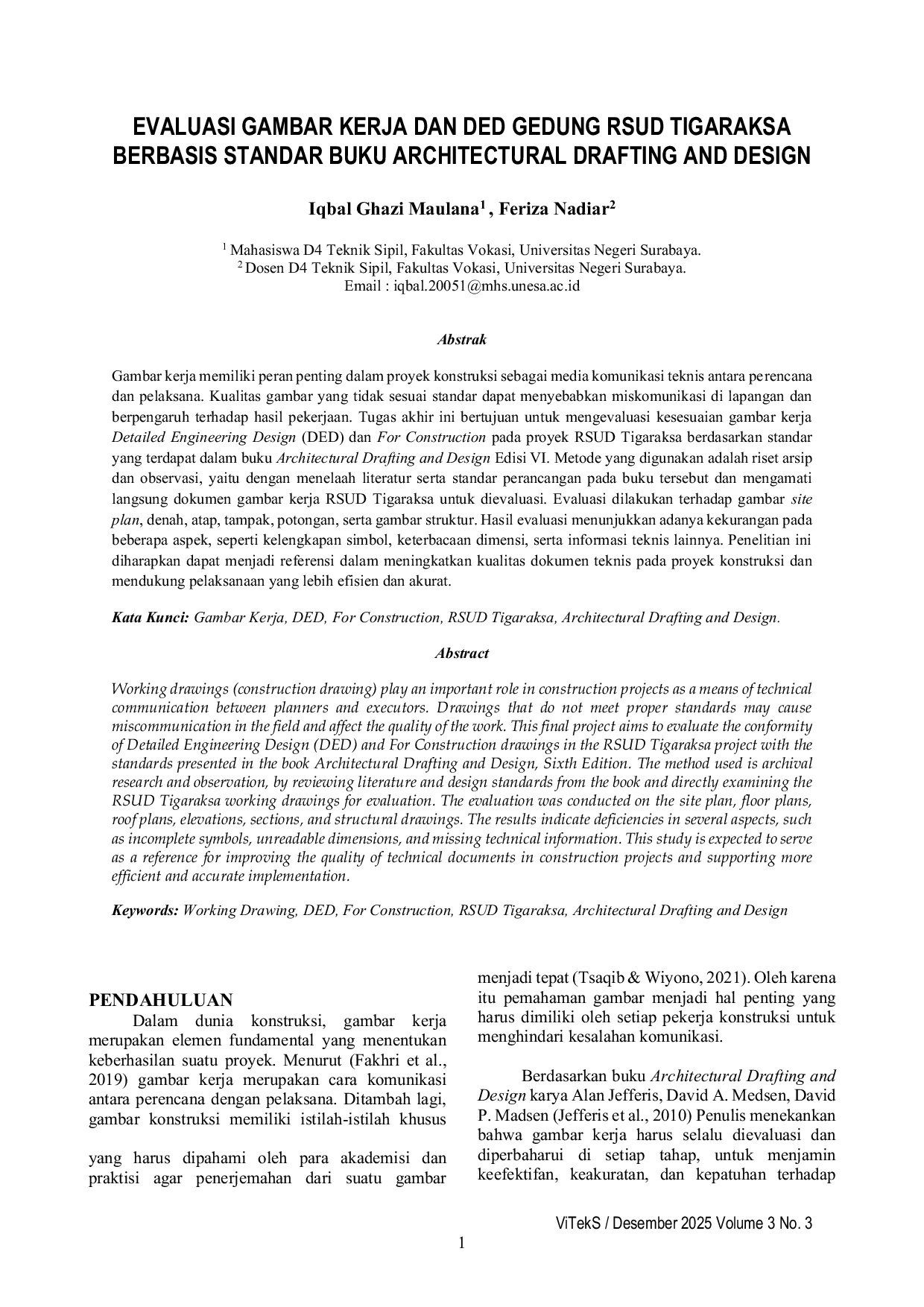 JURIS Evaluasi Gambar Kerja Dan Ded Gedung Rsud Tigaraksa Berbasis Standar Buku Architectural Drafting And Design