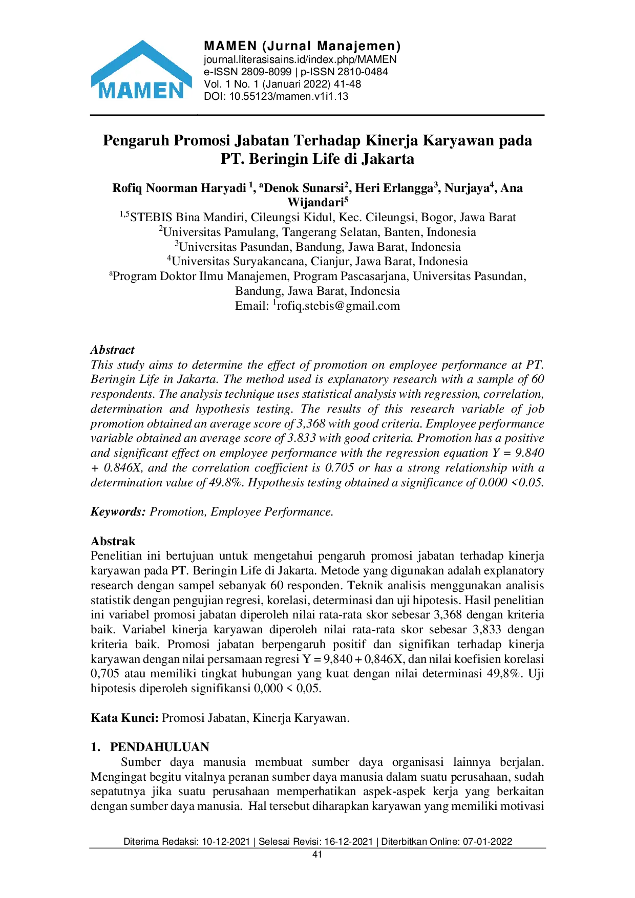 JURIS Pengaruh Promosi Jabatan Terhadap Kinerja Karyawan pada PT Beringin Life di Jakarta
