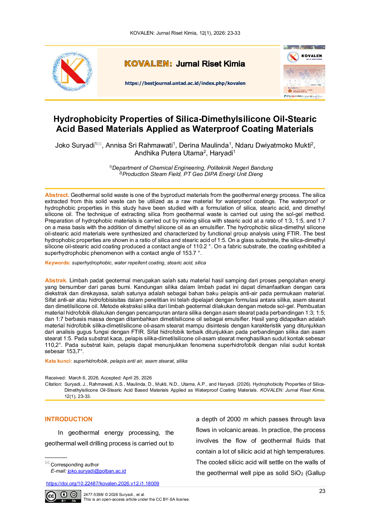 JURIS Hydrophobicity Properties of Silica Dimethylsilicone Oil Stearic Acid Based Materials Applied as Waterproof Coating Materials
