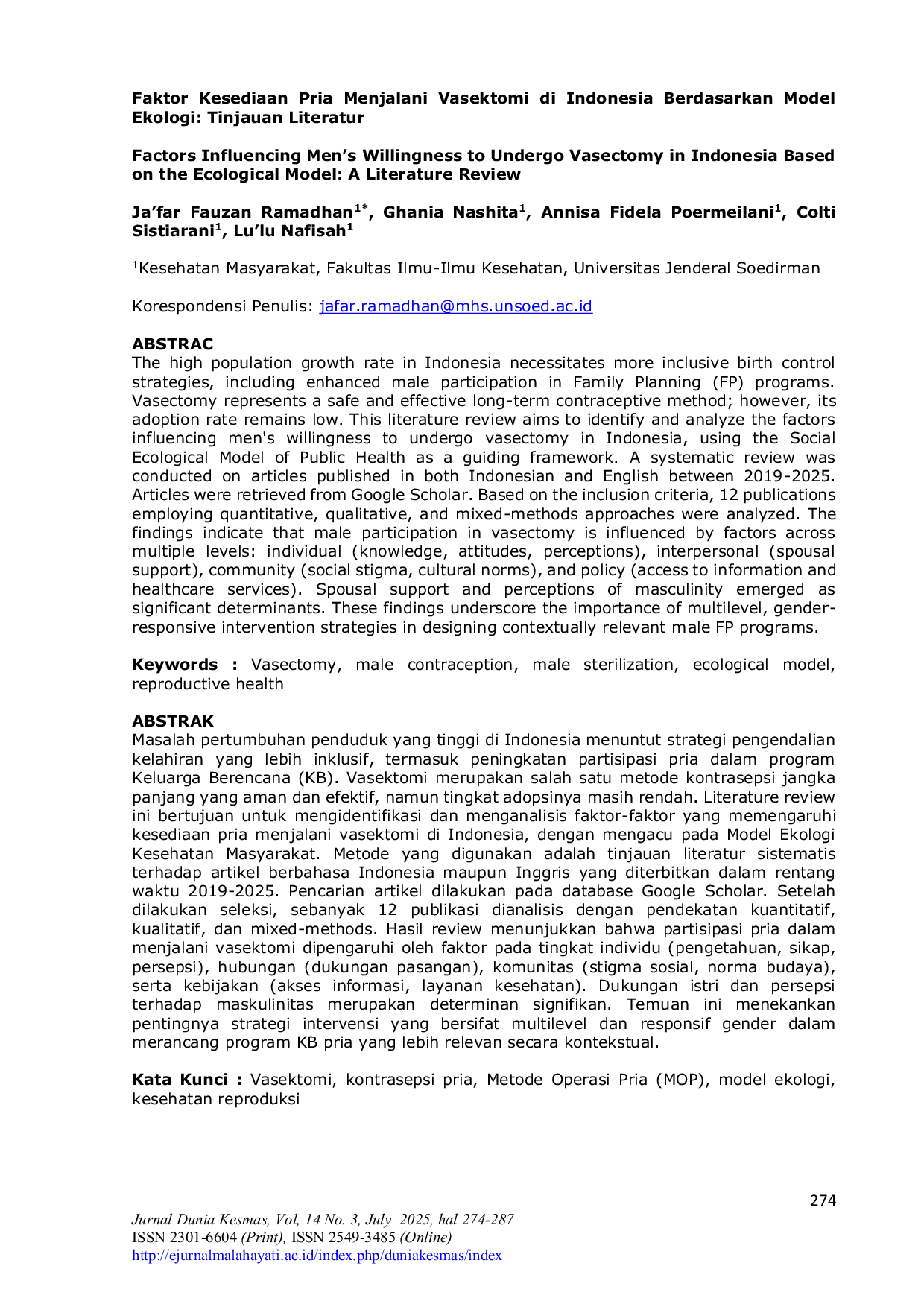 JURIS Factors Influencing Men s Willingness to Undergo Vasectomy in Indonesia Based on the Ecological Model A Literature Review