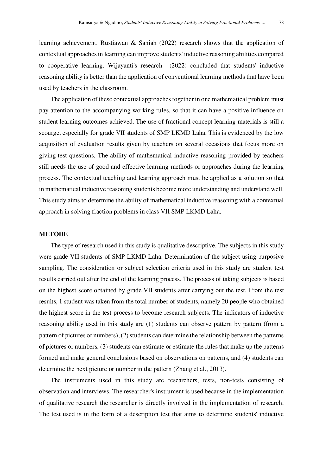 JURIS Students Inductive Reasoning Ability in Solving Fractional Problems Through Contextual Approach