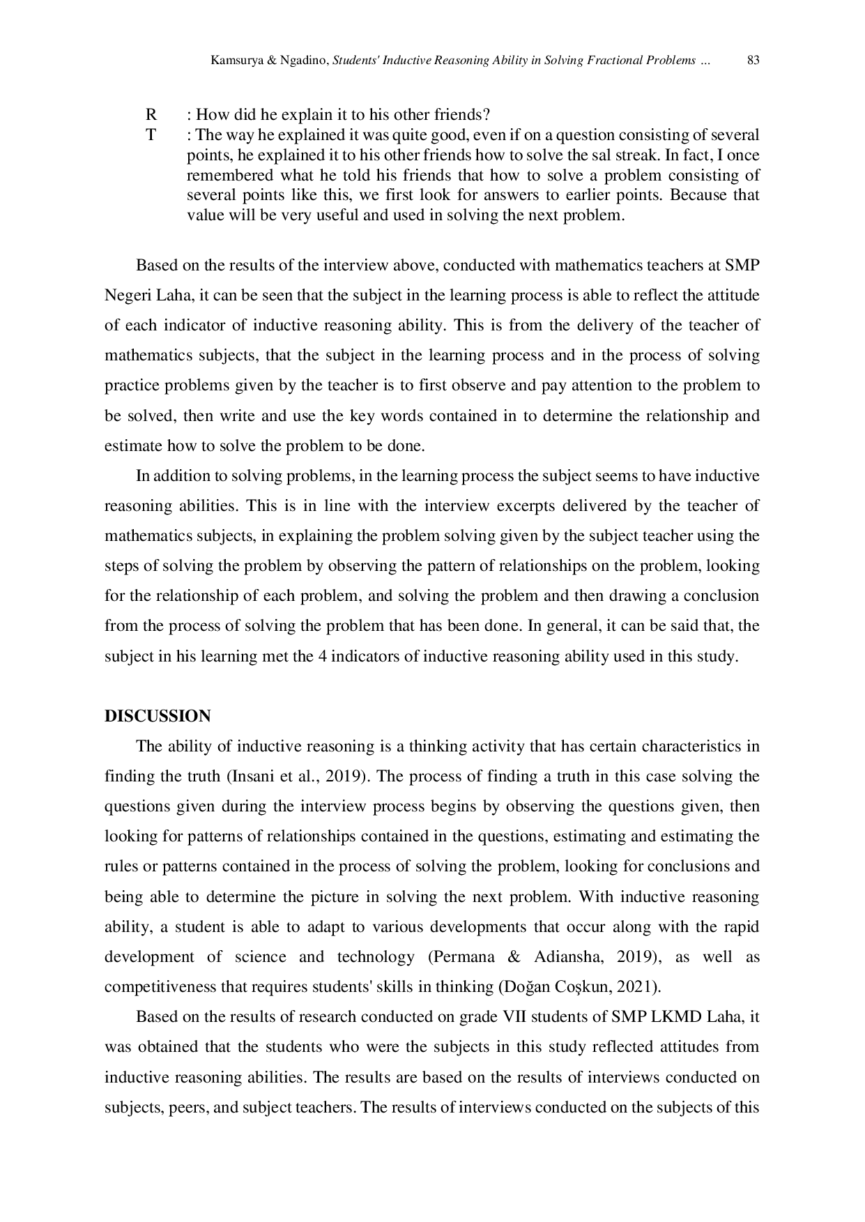 JURIS Students Inductive Reasoning Ability in Solving Fractional Problems Through Contextual Approach