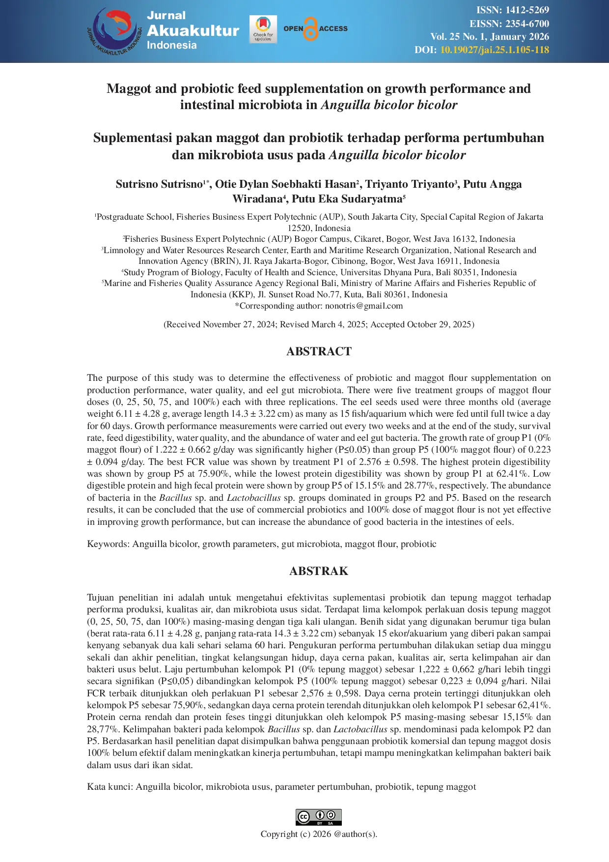 JURIS Maggot and probiotic feed supplementation on growth performance and intestinal microbiota in Anguilla bicolor bicolor