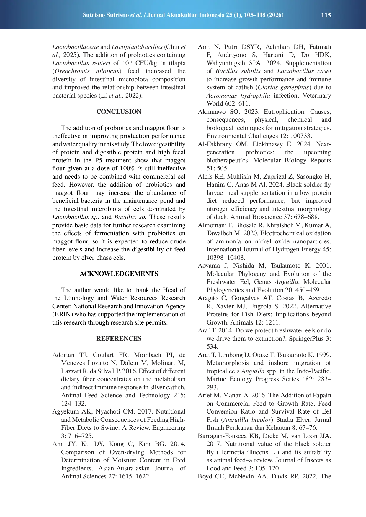 JURIS Maggot and probiotic feed supplementation on growth performance and intestinal microbiota in Anguilla bicolor bicolor