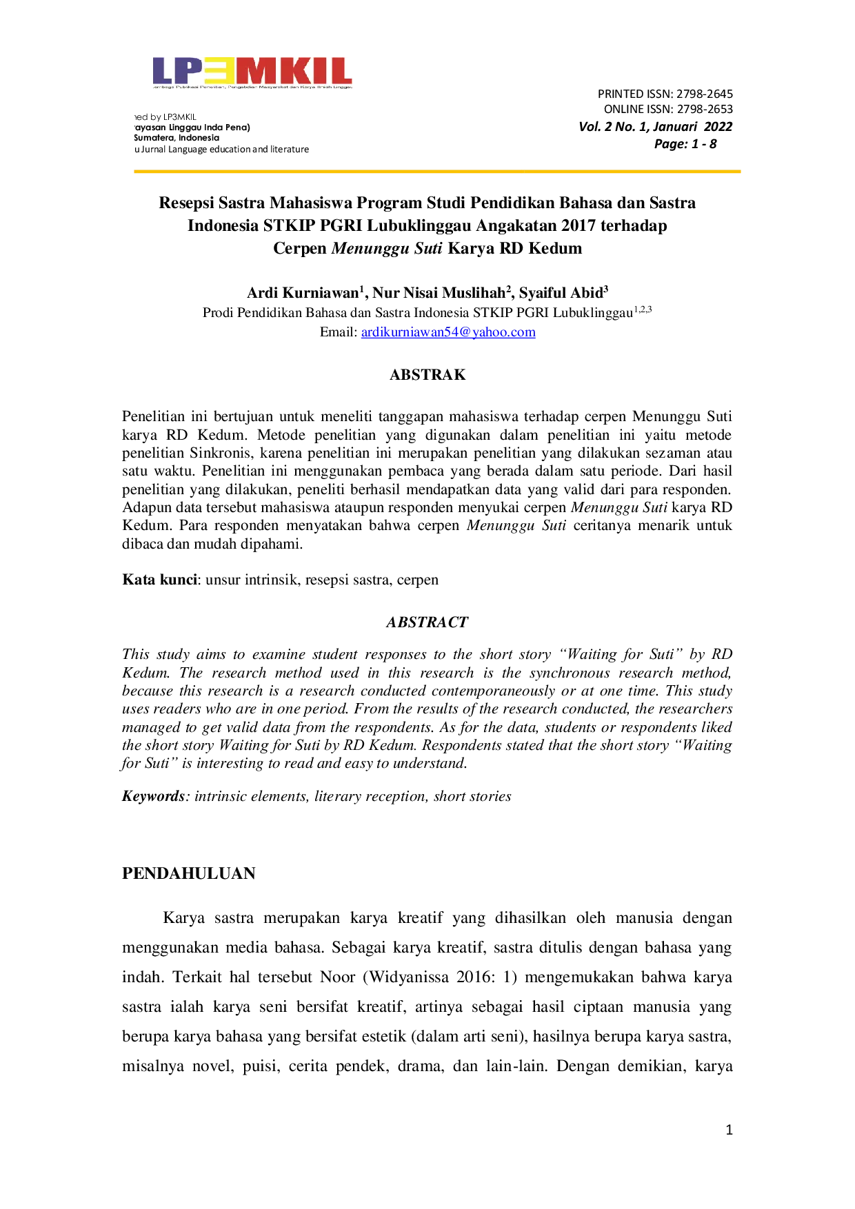 JURIS Resepsi Sastra Mahasiswa Program Studi Pendidikan Bahasa dan Sastra Indonesia STKIP PGRI Lubuklinggau Angakatan 2017 terhadap Cerpen Menunggu Suti Karya RD Kedum