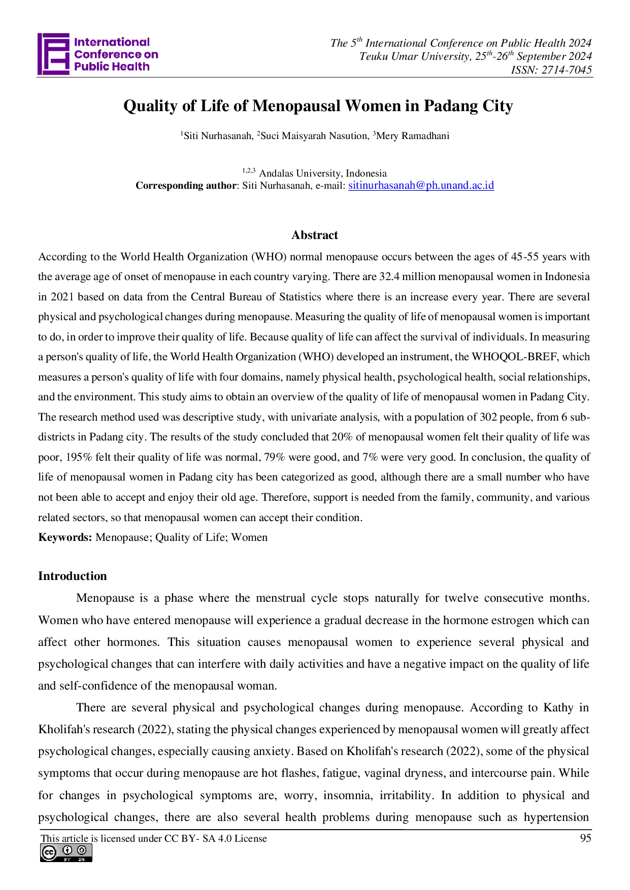 JURIS Quality of Life of Menopausal Women in Padang City