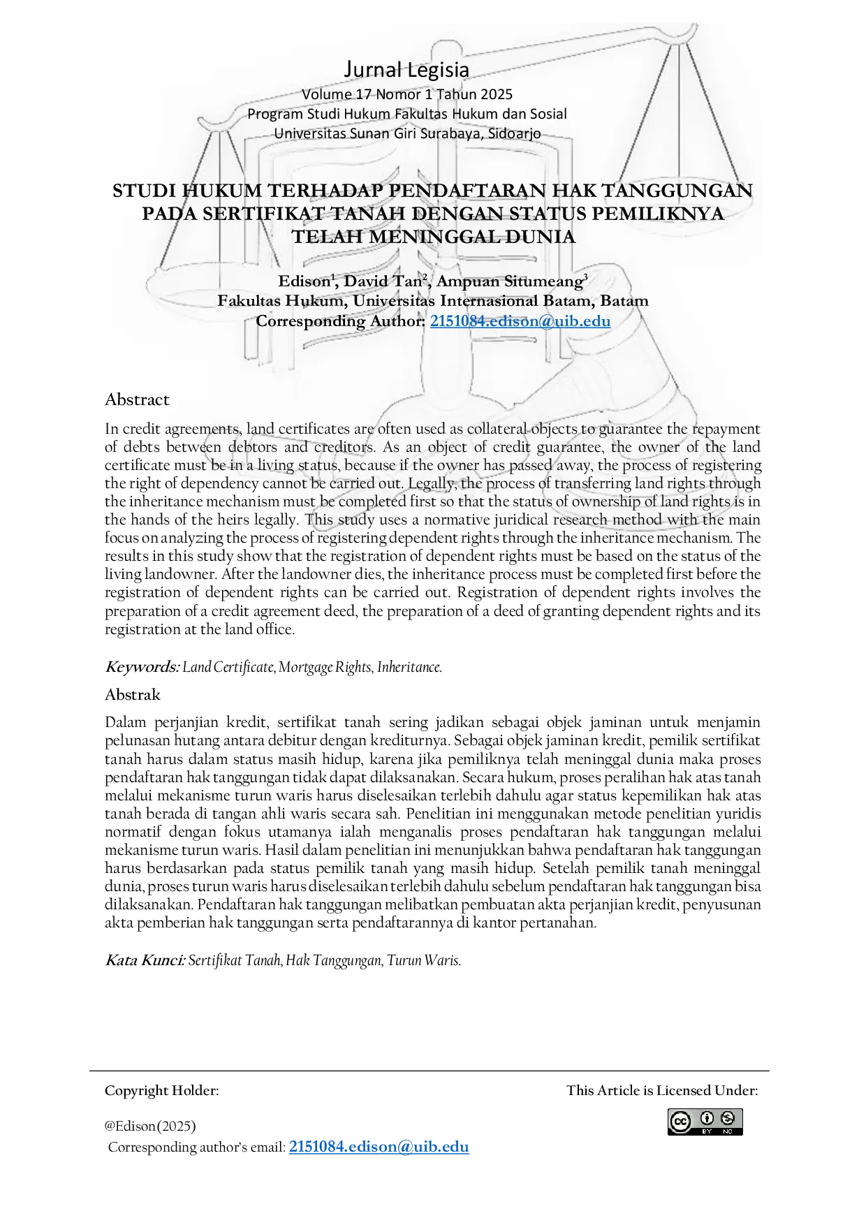 JURIS Studi Hukum Terkait dengan Pendaftaran Hak Tanggungan Pada Sertipikat Tanah Dengan Status Pemiliknya Telah Meninggal Dunia
