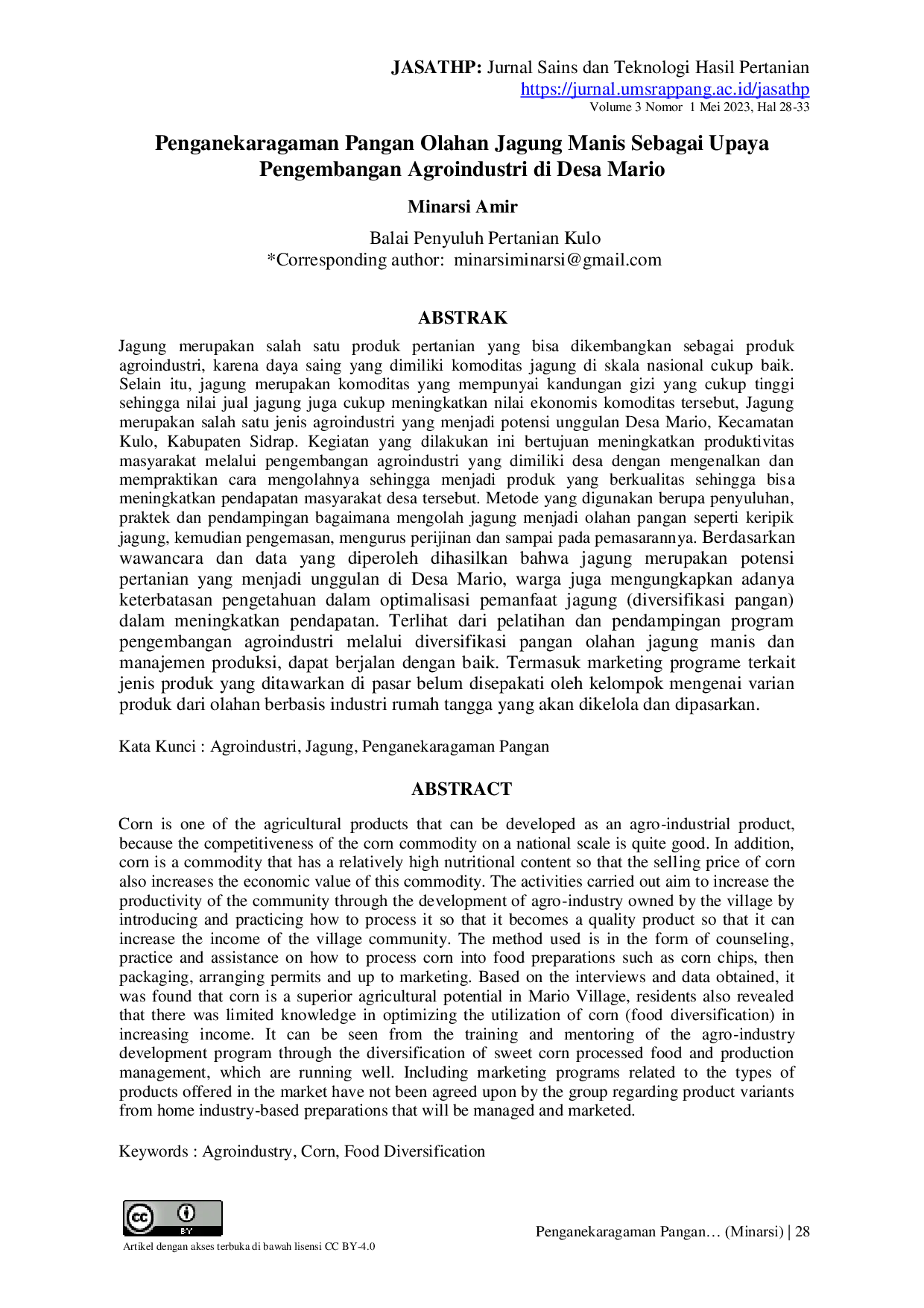 JURIS Penganekaragaman Pangan Olahan Jagung Manis Sebagai Upaya Pengembangan Agroindustri di Desa Mario