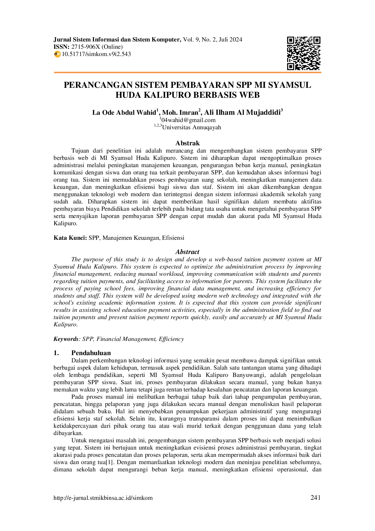 JURIS Perancangan Sistem Pembayaran SPP MI Syamsul Huda Kalipuro Berbasis Web