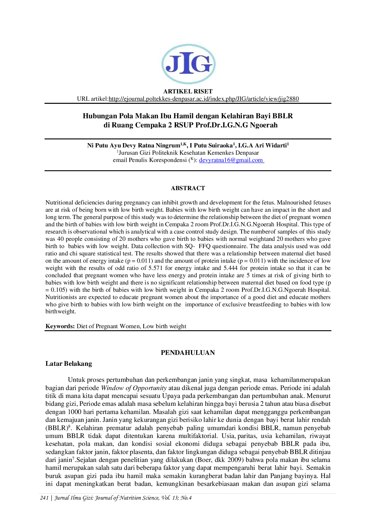 JURIS Hubungan Pola Makan Ibu Hamil dengan Kelahiran Bayi BBLR di Ruang Cempaka 2 RSUP Prof Dr I G N G Ngoerah
