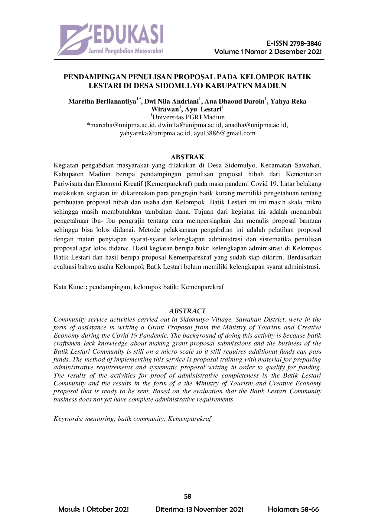 JURIS Pendampingan Penulisan Proposal Pada Kelompok Batik Lestari Di Desa Sidomulyo Kabupaten Madiun