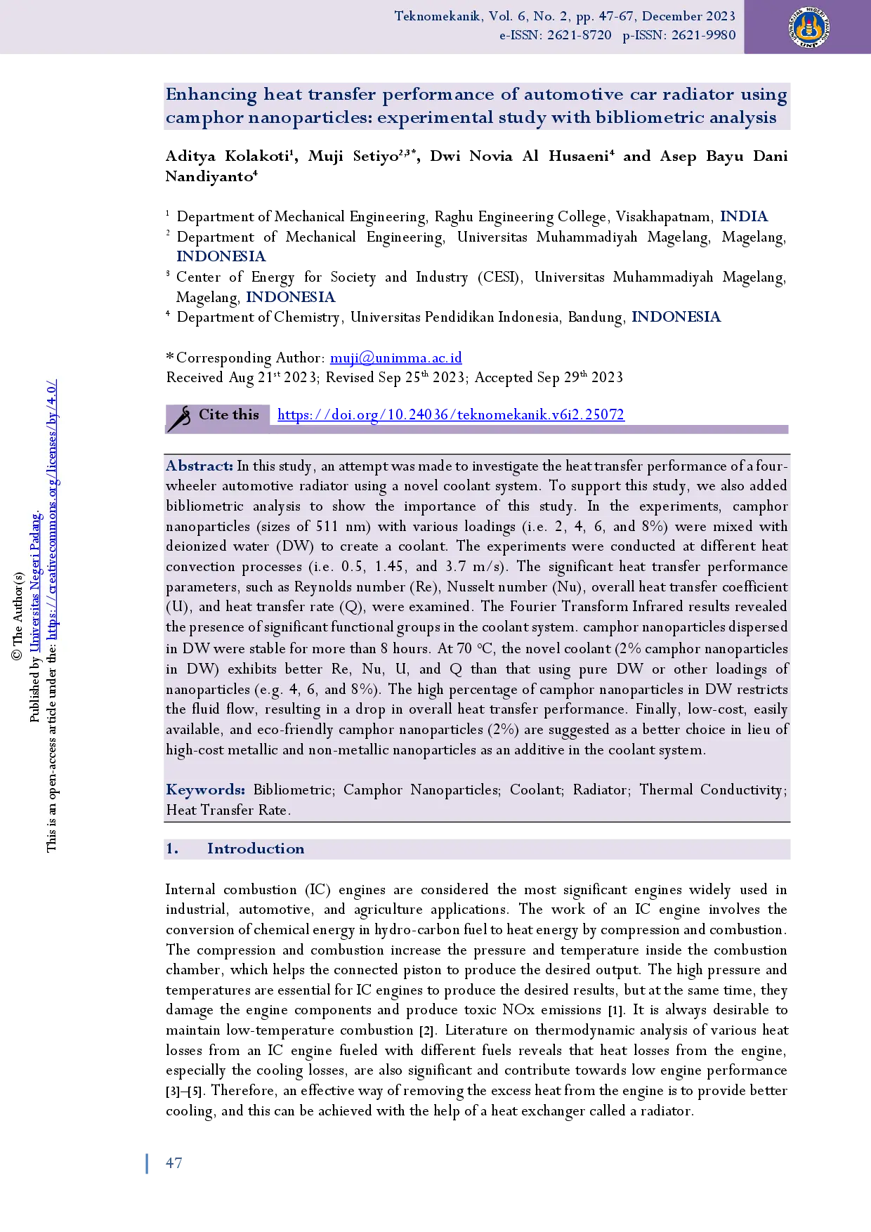 juris Enhancing heat transfer performance of automotive car radiator using camphor nanoparticles experimental study with bibliometric analysis