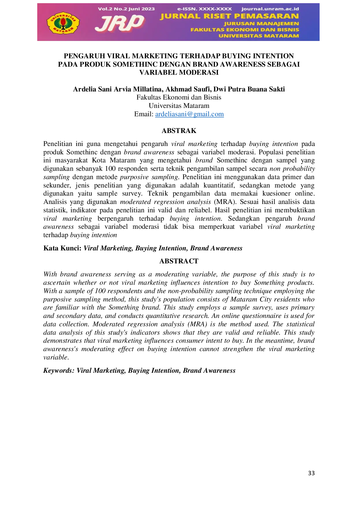 JURIS Pengaruh Viral Marketing Terhadap Buying Intention Pada Produk Somethinc Dengan Brand Awareness Sebagai Variabel Moderasi