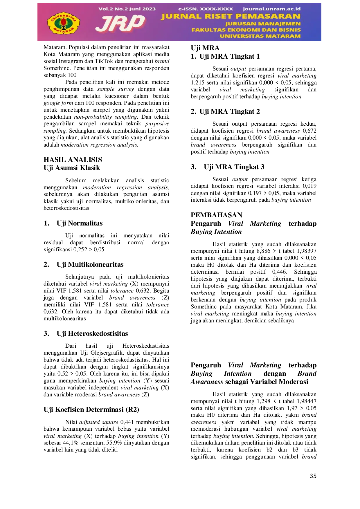 JURIS Pengaruh Viral Marketing Terhadap Buying Intention Pada Produk Somethinc Dengan Brand Awareness Sebagai Variabel Moderasi