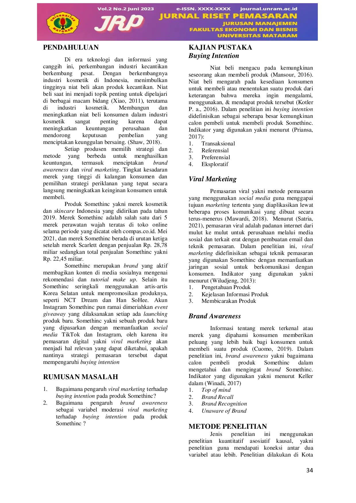 JURIS Pengaruh Viral Marketing Terhadap Buying Intention Pada Produk Somethinc Dengan Brand Awareness Sebagai Variabel Moderasi