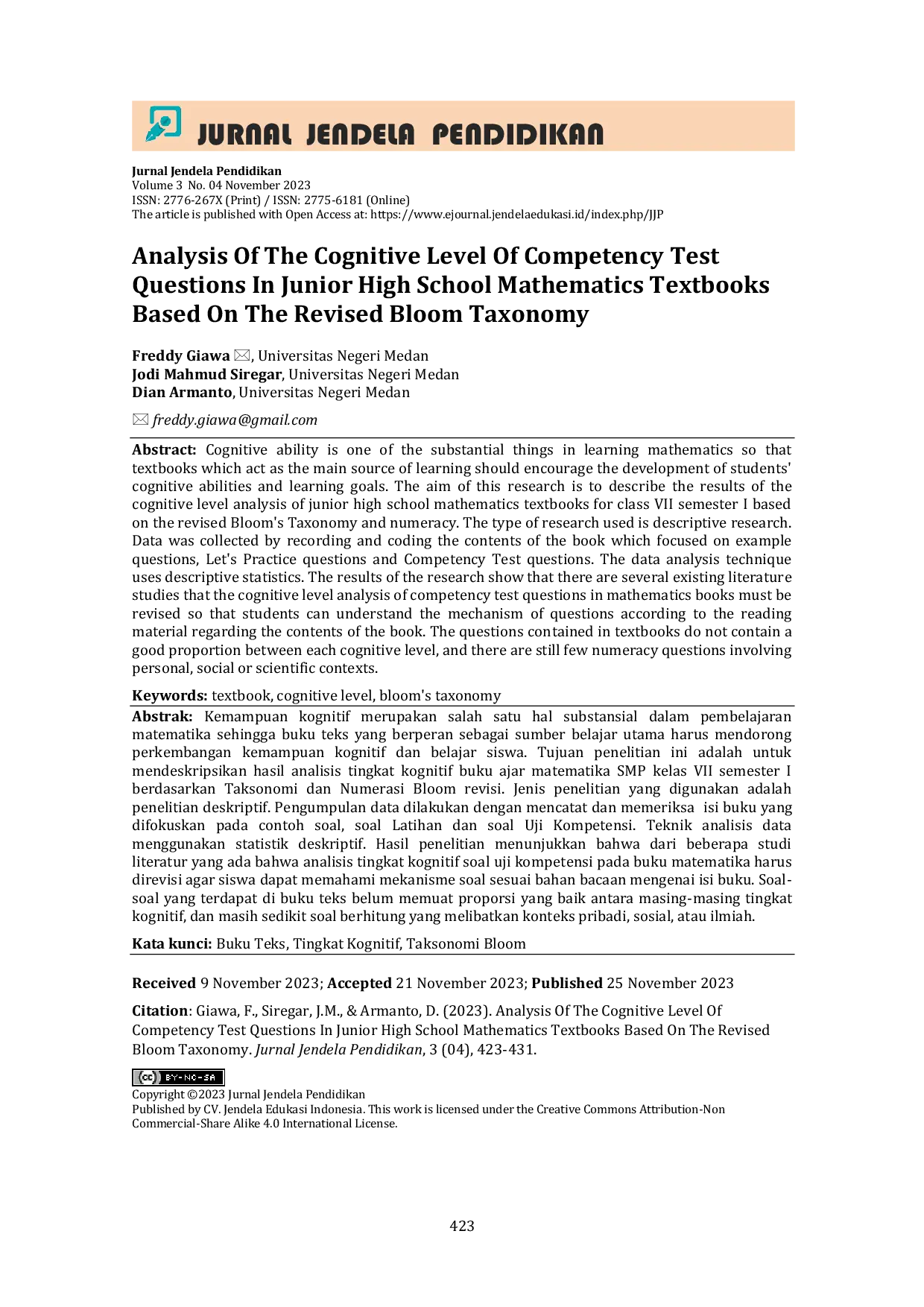 JURIS Analysis Of The Cognitive Level Of Competency Test Questions In Junior High School Mathematics Textbooks Based On The Revised Bloom Taxonomy