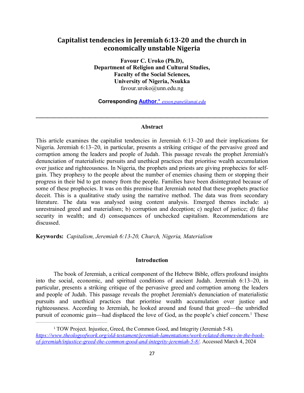 JURIS Capitalist tendencies in Jeremiah 6 13 20 and the church in economically unstable Nigeria