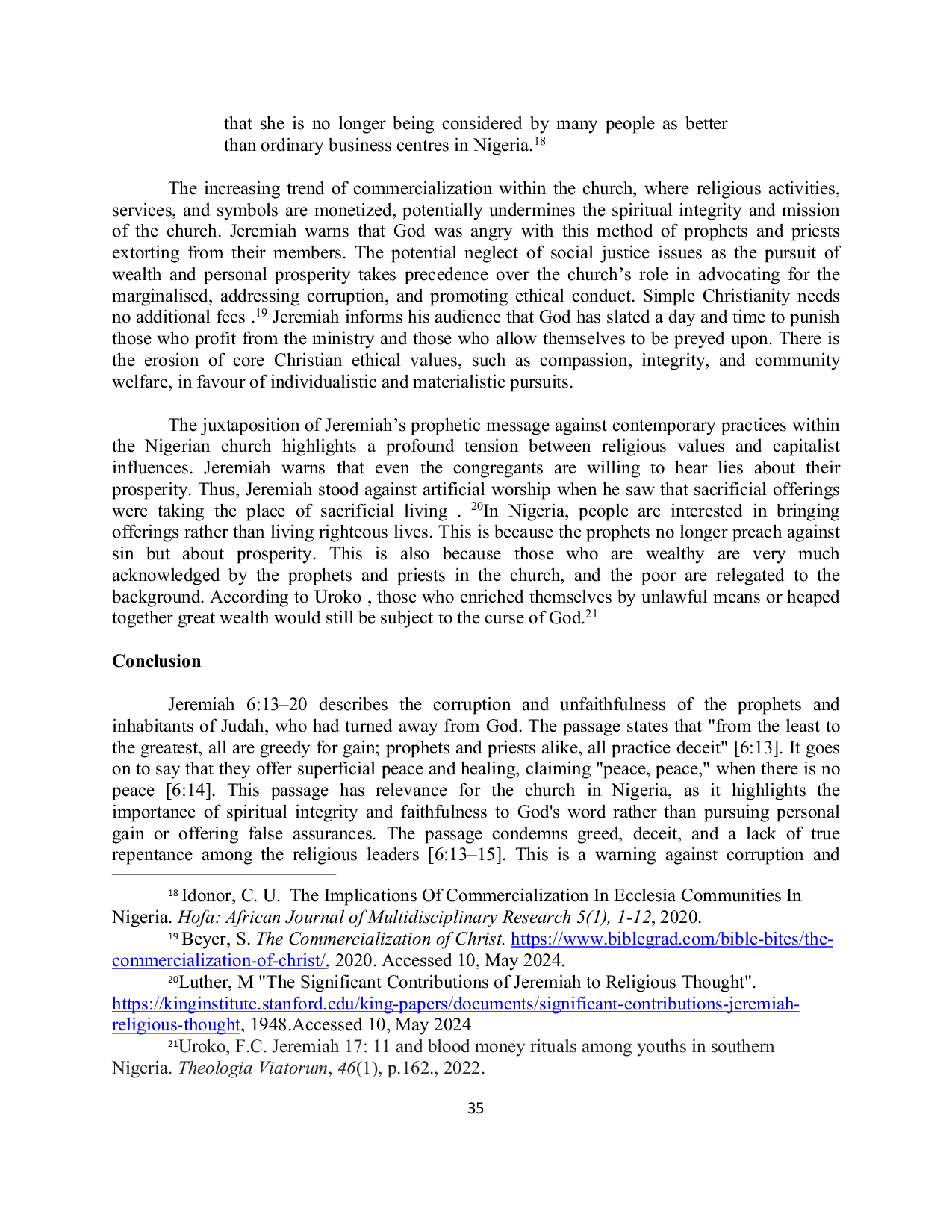 JURIS Capitalist tendencies in Jeremiah 6 13 20 and the church in economically unstable Nigeria
