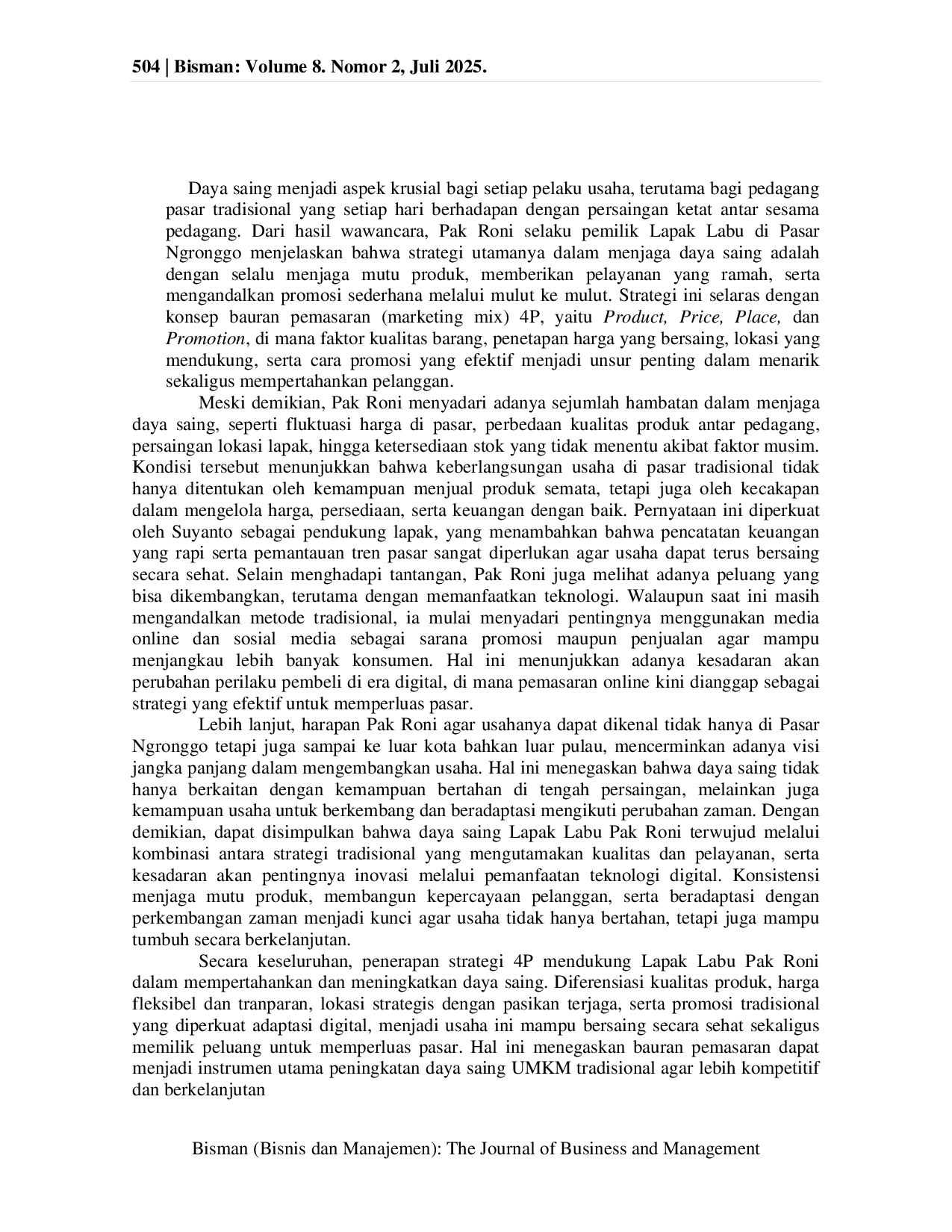 JURIS Strategi Pemasaran 4P Untuk Meningkatkan Daya Saing Pada Lapak Labu Pak Roni Di Pasar Ngronggo