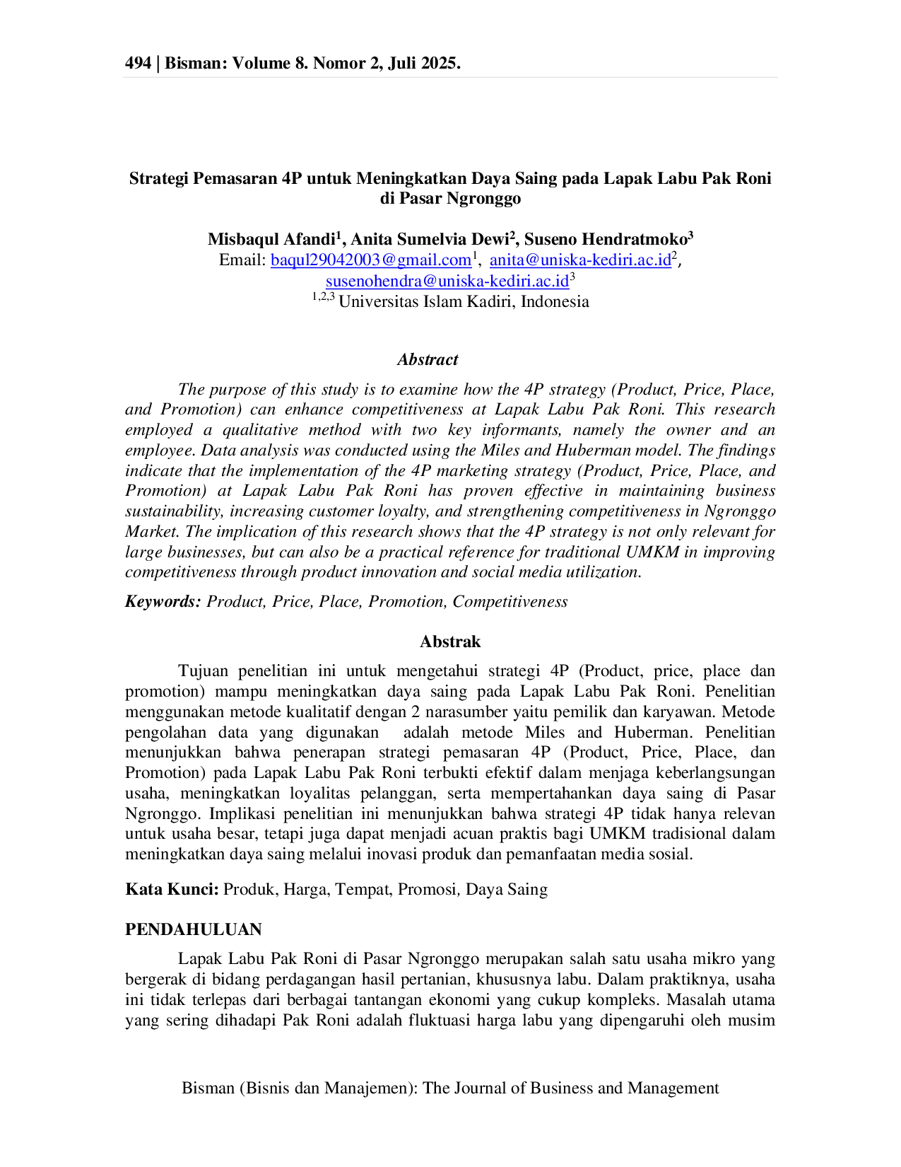 JURIS Strategi Pemasaran 4P Untuk Meningkatkan Daya Saing Pada Lapak Labu Pak Roni Di Pasar Ngronggo