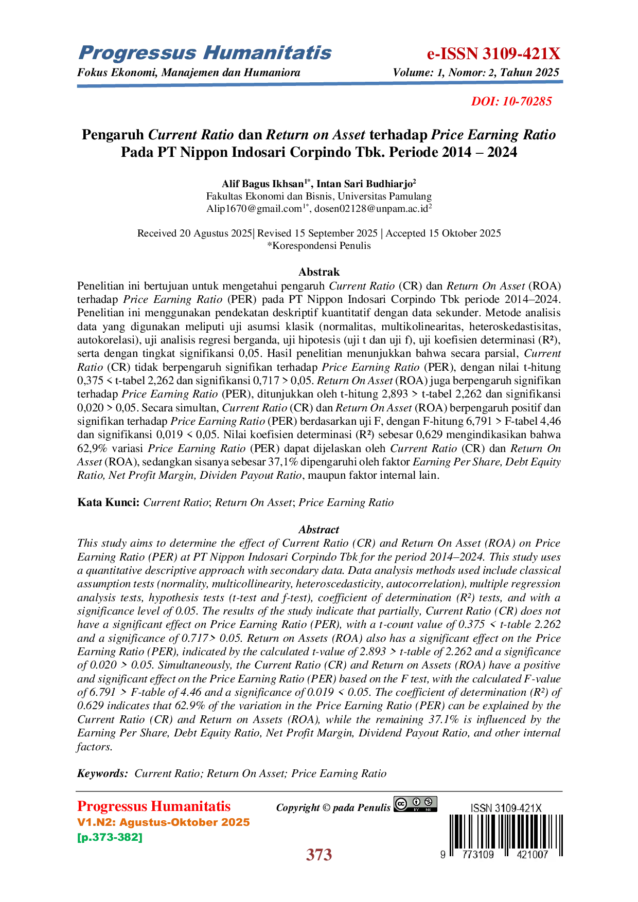 JURIS Pengaruh Current Ratio dan Return On Asset Terhadap Price Earning Ratio Pada PT Nippon Indosari Corpindo Tbk Periode 2014 2024