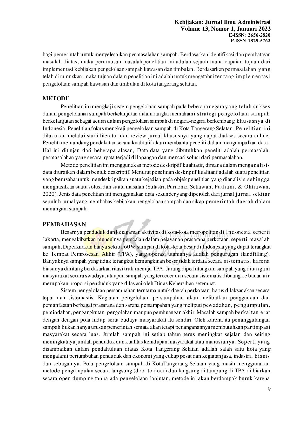 JURIS Evaluasi Kebijakan Terhadap Pengelolaan Sampah Kawasan Dan Timbulan Di Kota Tangerang Selatan
